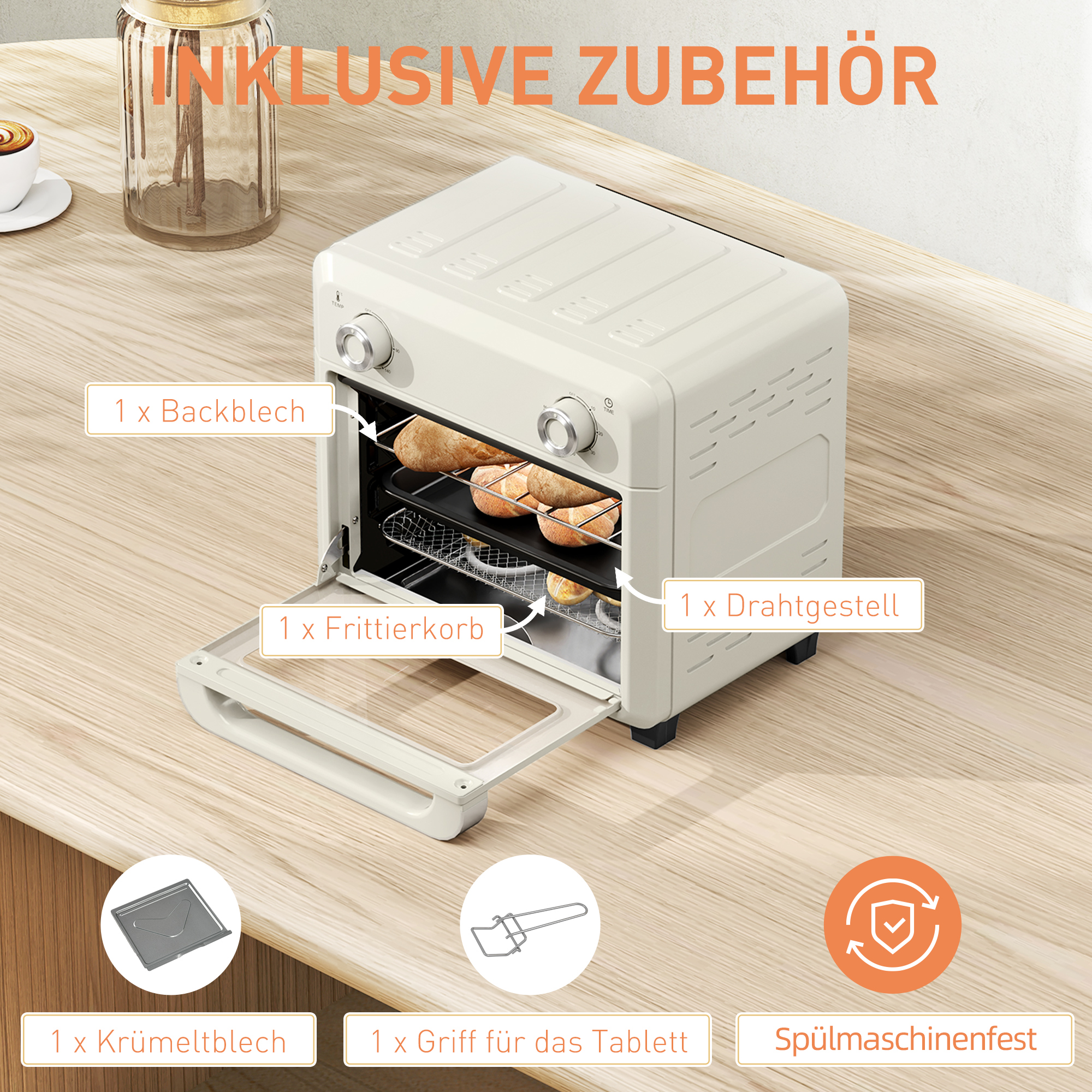 10L Heißluft-Ofen zum Grillen, Backen und Frittieren, Timer, 1000W, Spülmaschinenfest, Cremeweiß