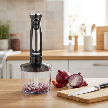 Stabmixer-Set | 600 W | 2 Geschwindigkeiten | Variable Geschwindigkeitseinstellung | Mini-Zerkleinerer | Schneebesen | Edelstahlschaft und -klingen | Edelstahl / schwarz