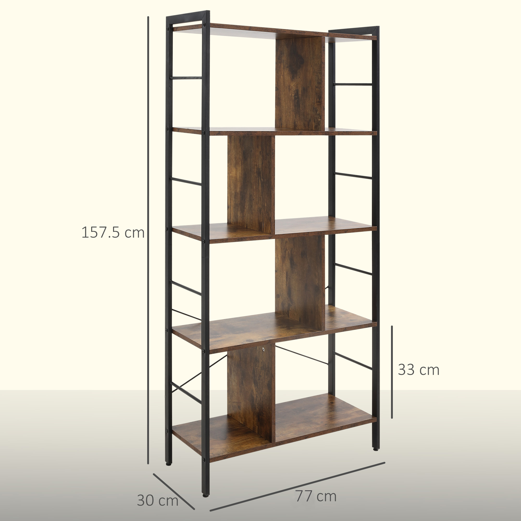 Bücherregal, Schmal Standregal Regal mit 5 Ebenen, Büroregal für Wohnzimmer, 77 x 30 x 157,5 cm, Rustikales Braun