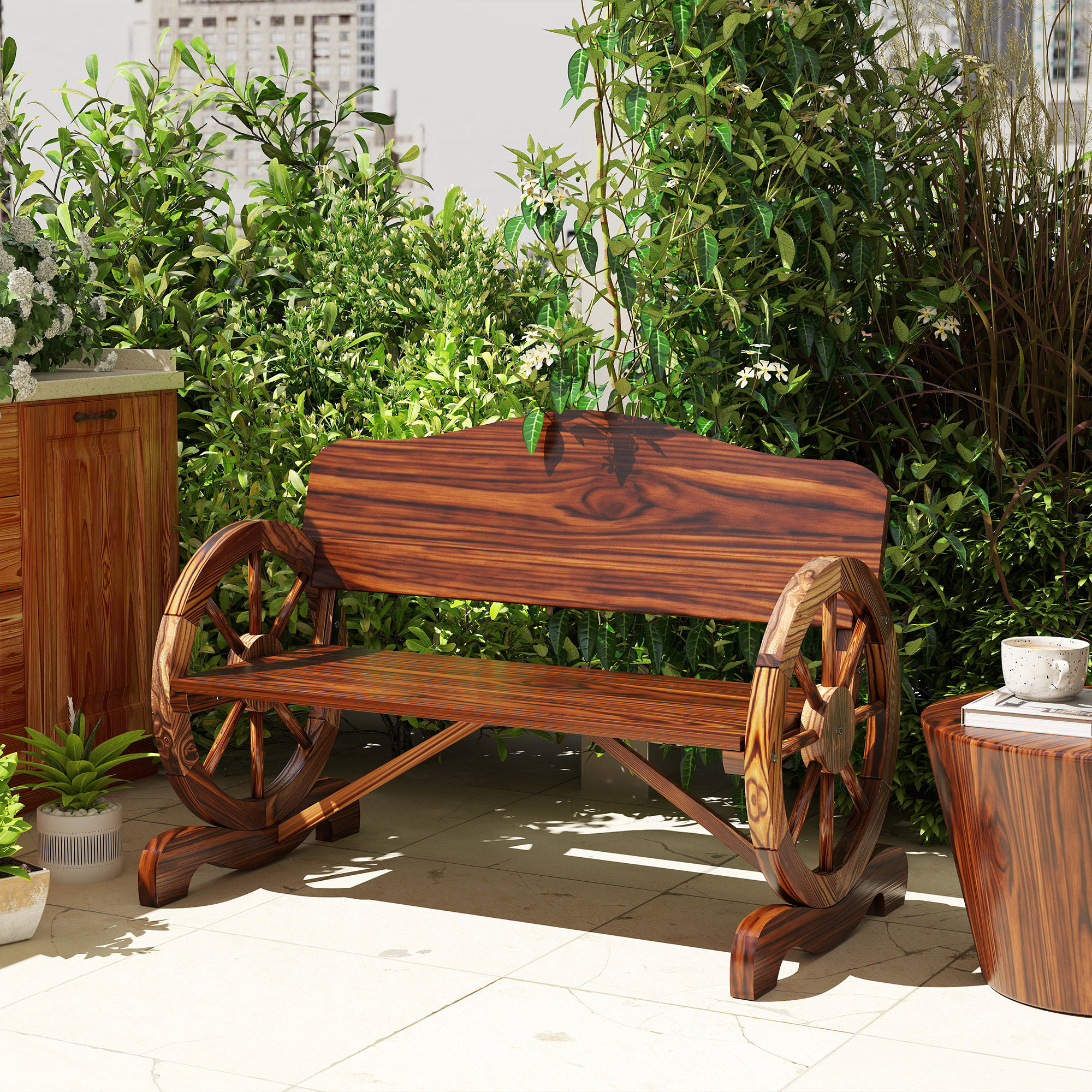 2-Sitzer Gartenbank mit Rad-Armlehnen, Rustikale Outdoor-Bank für Terrasse, Veranda, Fichtenholz, Braun