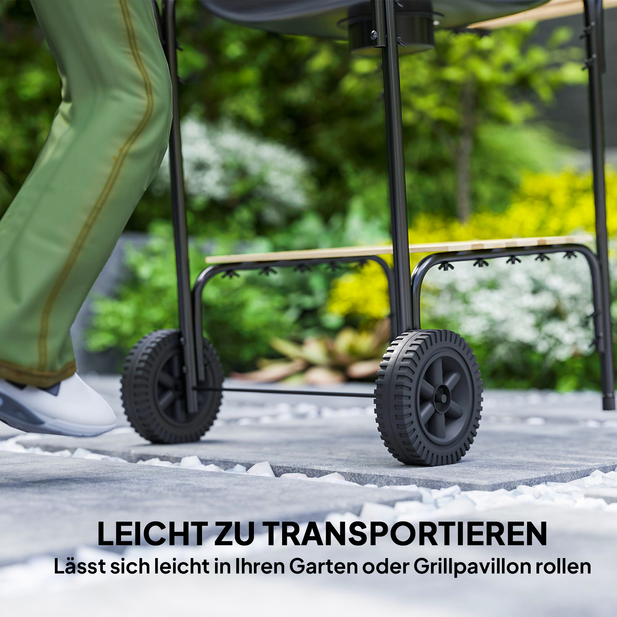 Holzkohlegrill aus Stahl Grillwagen mit abschließbarem Deckel Grillrost Räder Griff Holzablage 98 x 54 x 91 cm Schwarz