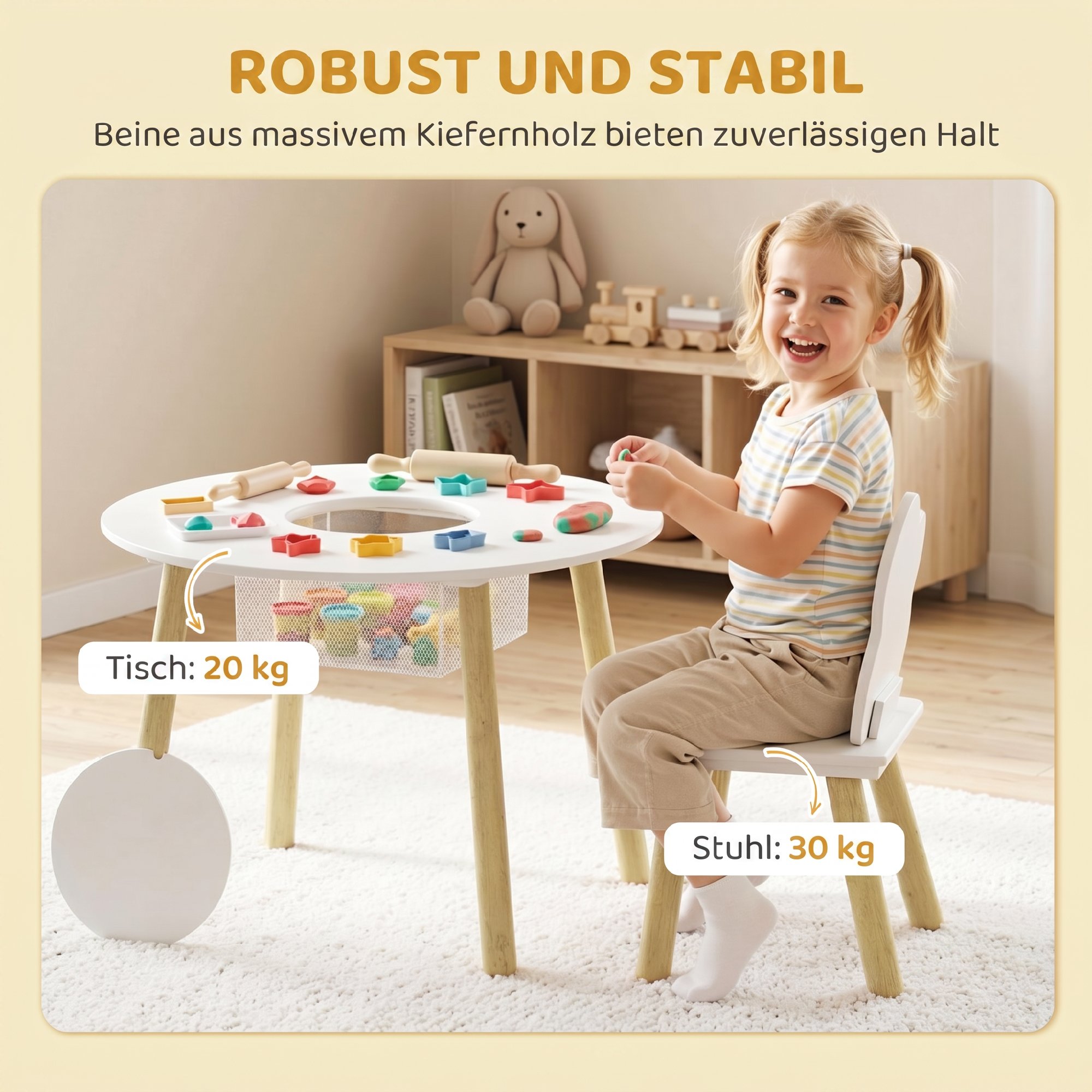 Kindertisch mit Stühlen und Aufbewahrung, 3-teiliges Kinder-Möbelset in Weiß und Natur für Spielzimmer und Kinderzimmer