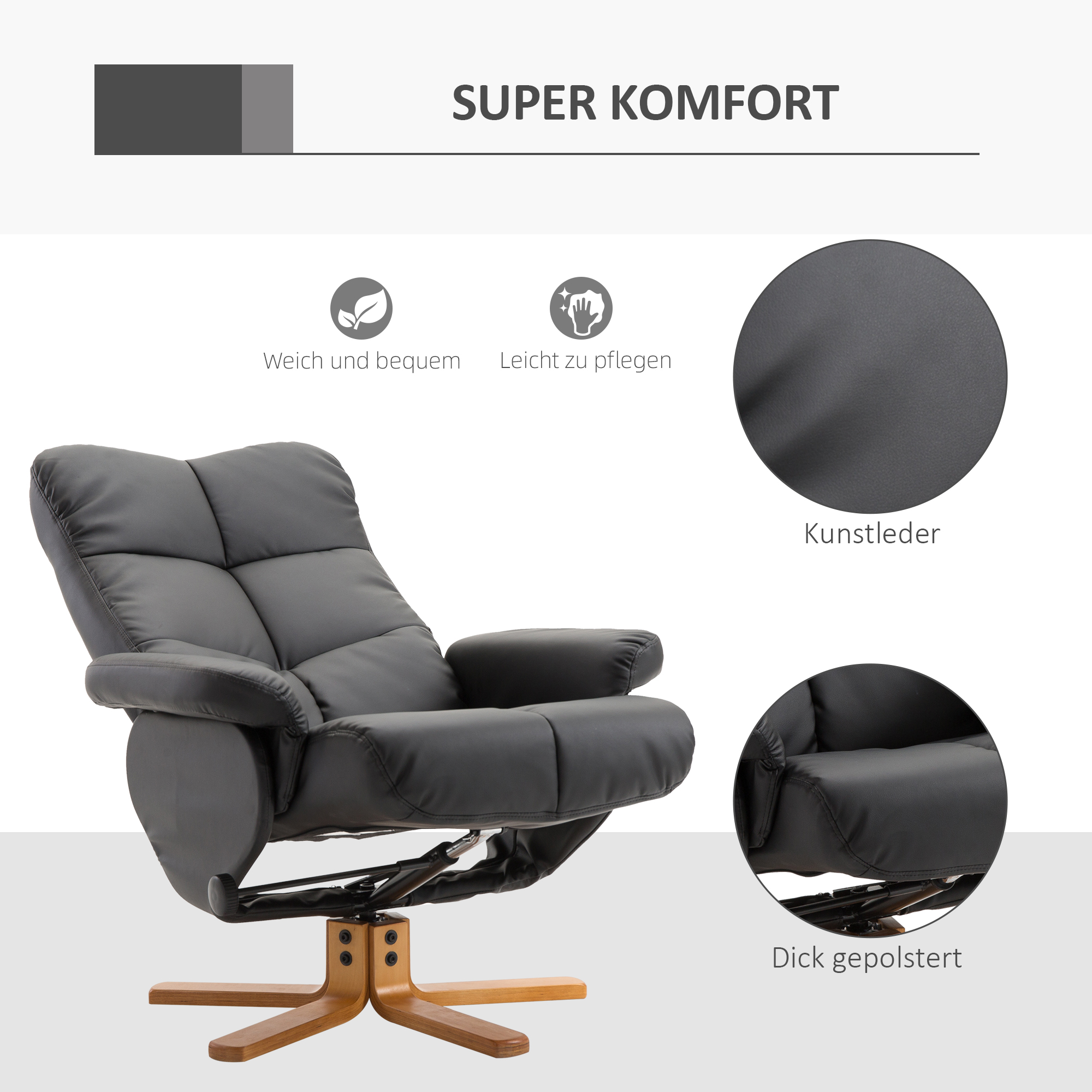 Relaxsessel mit Hocker, Stauraum, Gepolstert Fernsehsessel mit Liegefunktion, 360° Drehbar TV-Sessel für Schlafzimmer, Wohnzimmer, Kunstleder, Schwarz