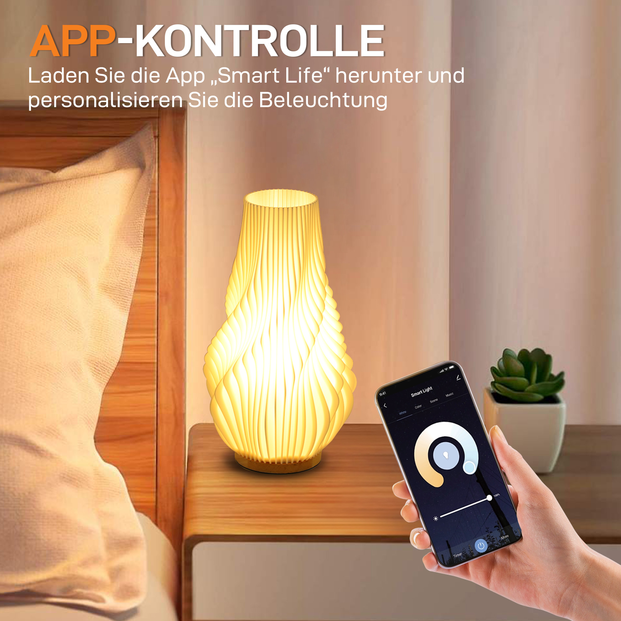 Smart Tischlampe mit App-Steuerung, Alexa-kompatibel, Kunststoff, Holz, Weiß