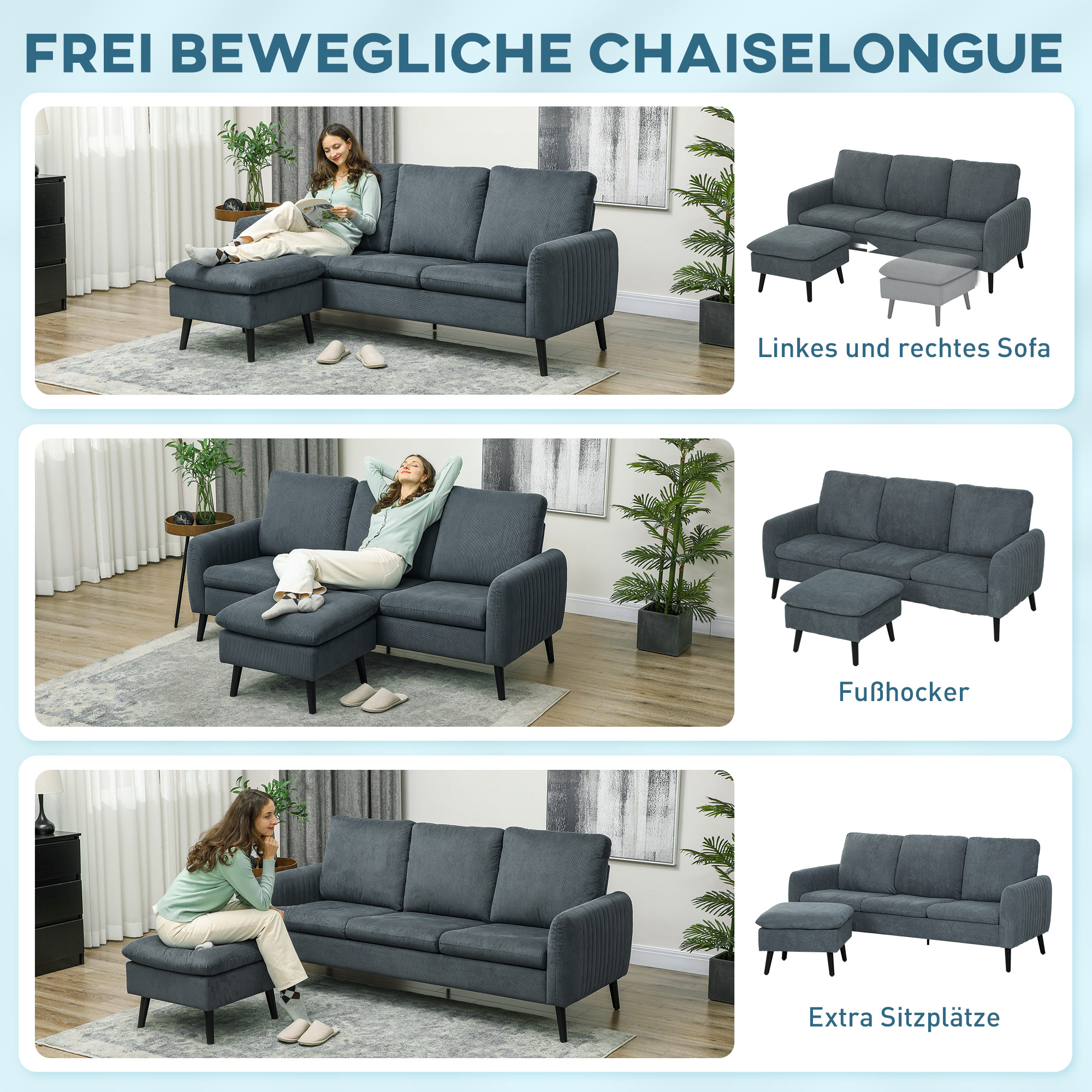 Ecksofa, 3-Sitzer-Sofa mit Fußhocker, Stoffbezug, L-förmiges Couch-Set, Dunkelgrau