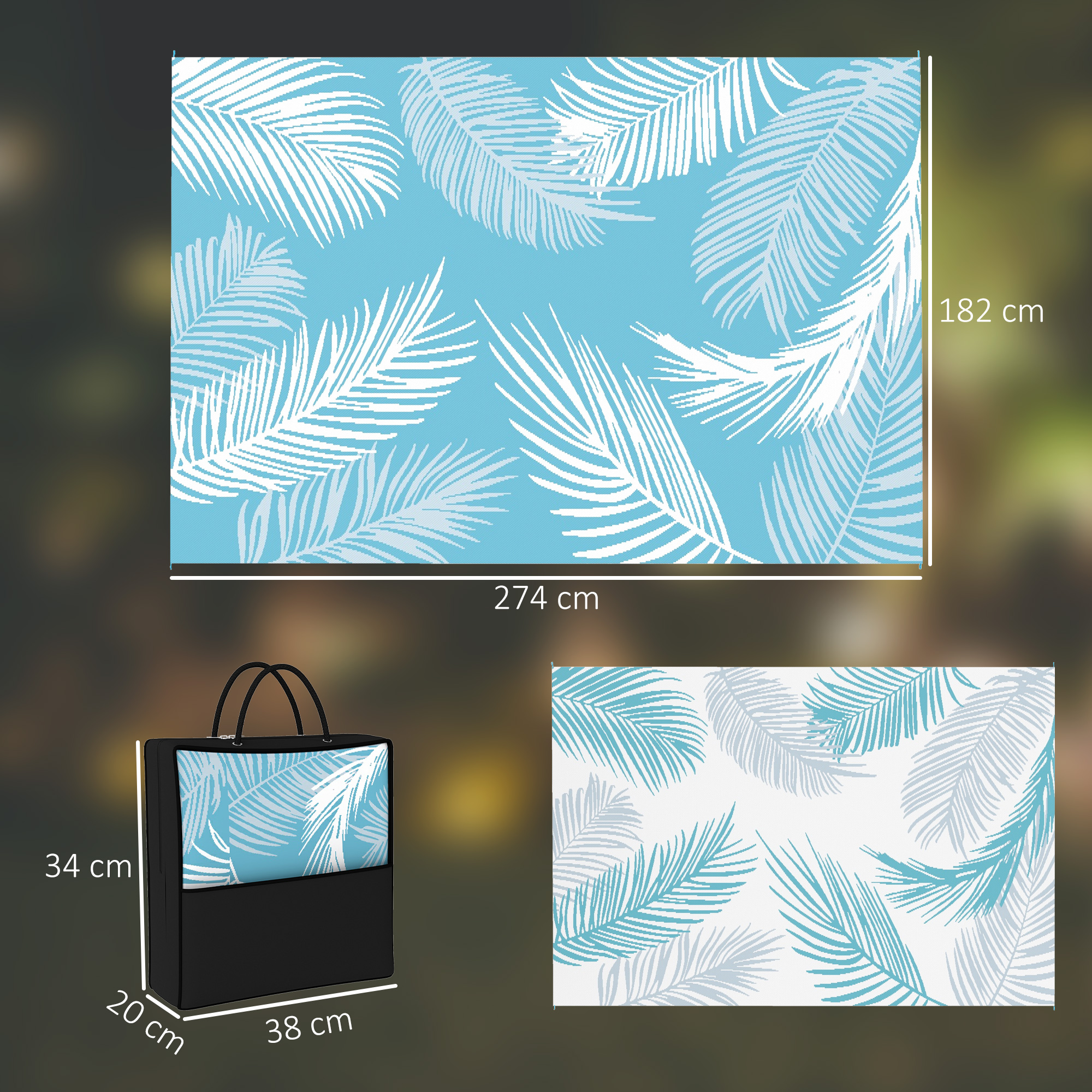 Outdoor Teppich wendbarer robuster Wetterfest Outdoorteppich mit Tragetasche Bodenankern 274 x 182 cm Hellblau+Weiß