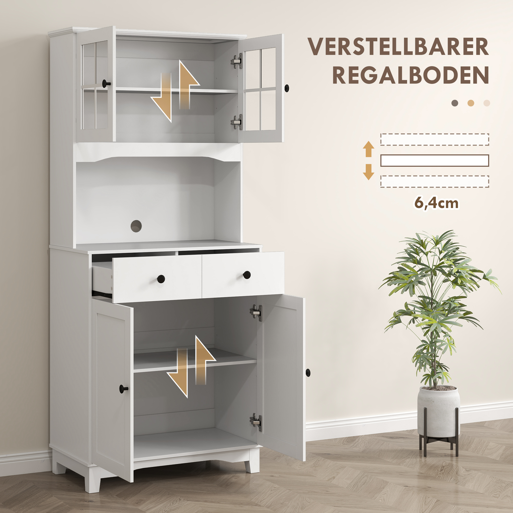 freistehender Küchenschrank mit Arbeitsplatte für Mikrowelle, Kaffeemaschine, Schränke, Glastüren, Weiß