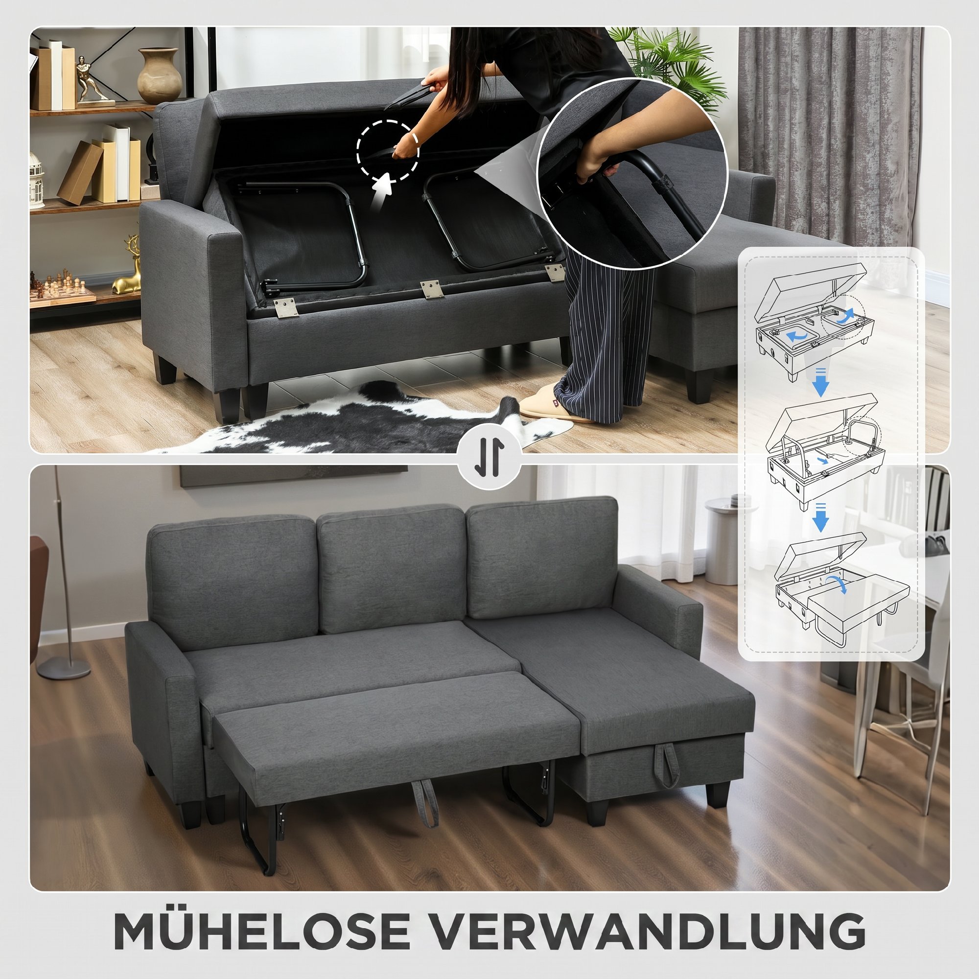 Ecksofa mit Schlaffunktion und Bettkasten L-Form Schlafsofa mit Verwandelbarer Chaiselongue, für Wohnung und Wohnzimmer