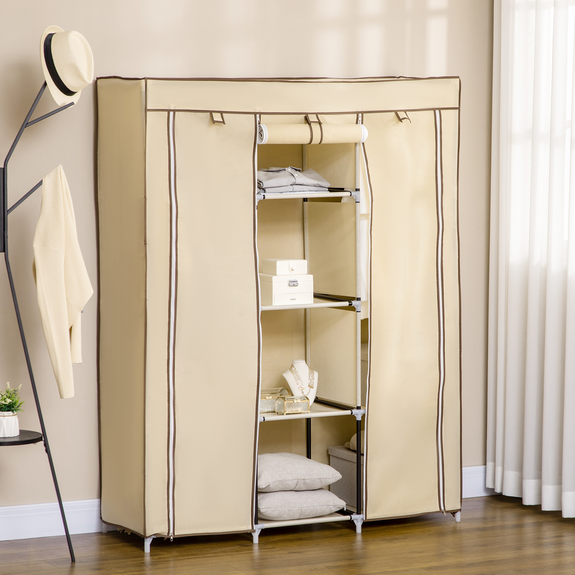 Schrank aus Stoff, Aufbewahrungslösung, 8 Regale, 2 Kleiderstangen, Beige