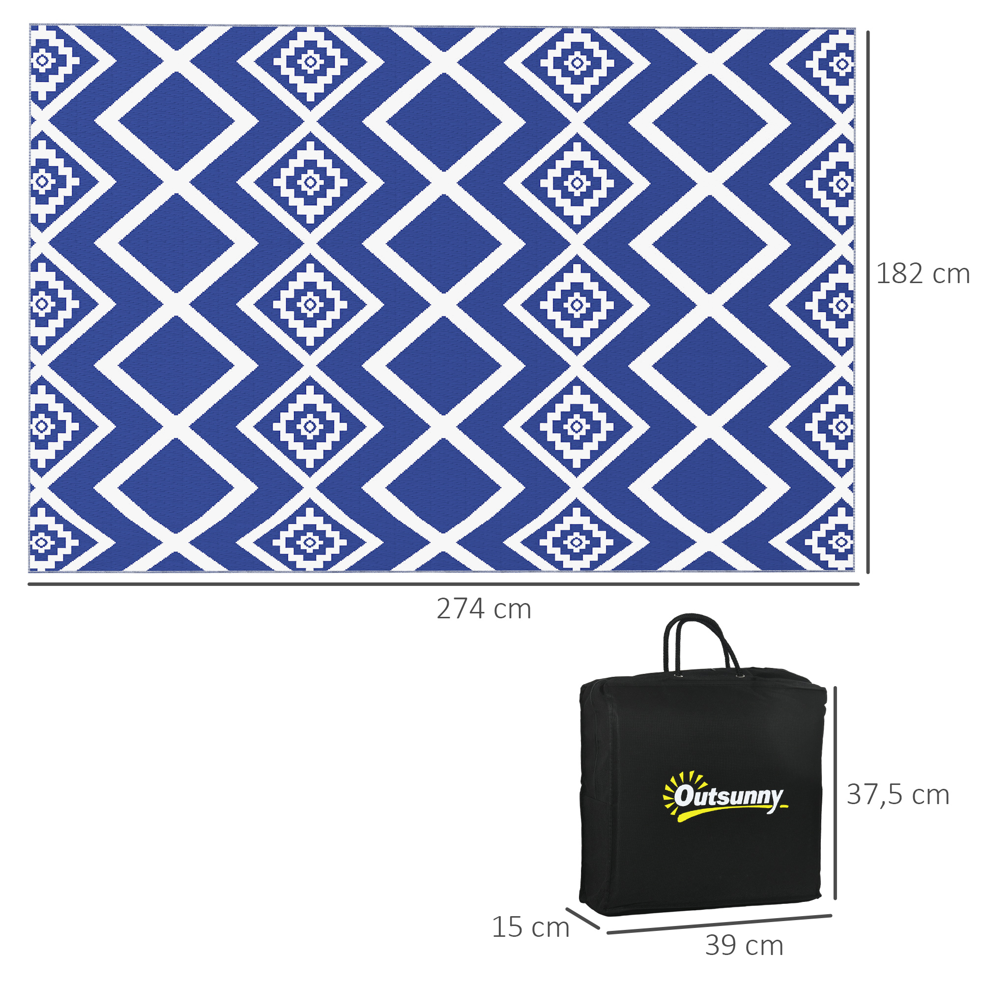 Outdoorteppich Terrassenteppich, wetterbeständig, modernes Design, 182 cm x 274 cm x 0,3 cm, Blau + Weiß