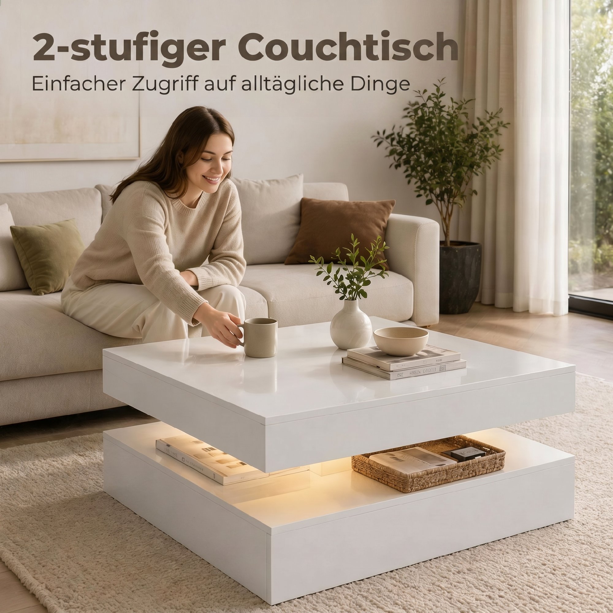 LED-Couchtisch mit Stauraum, 2-stufiger moderner Tisch mit offener Ablage und Fernbedienung, Hochglanz Weiß