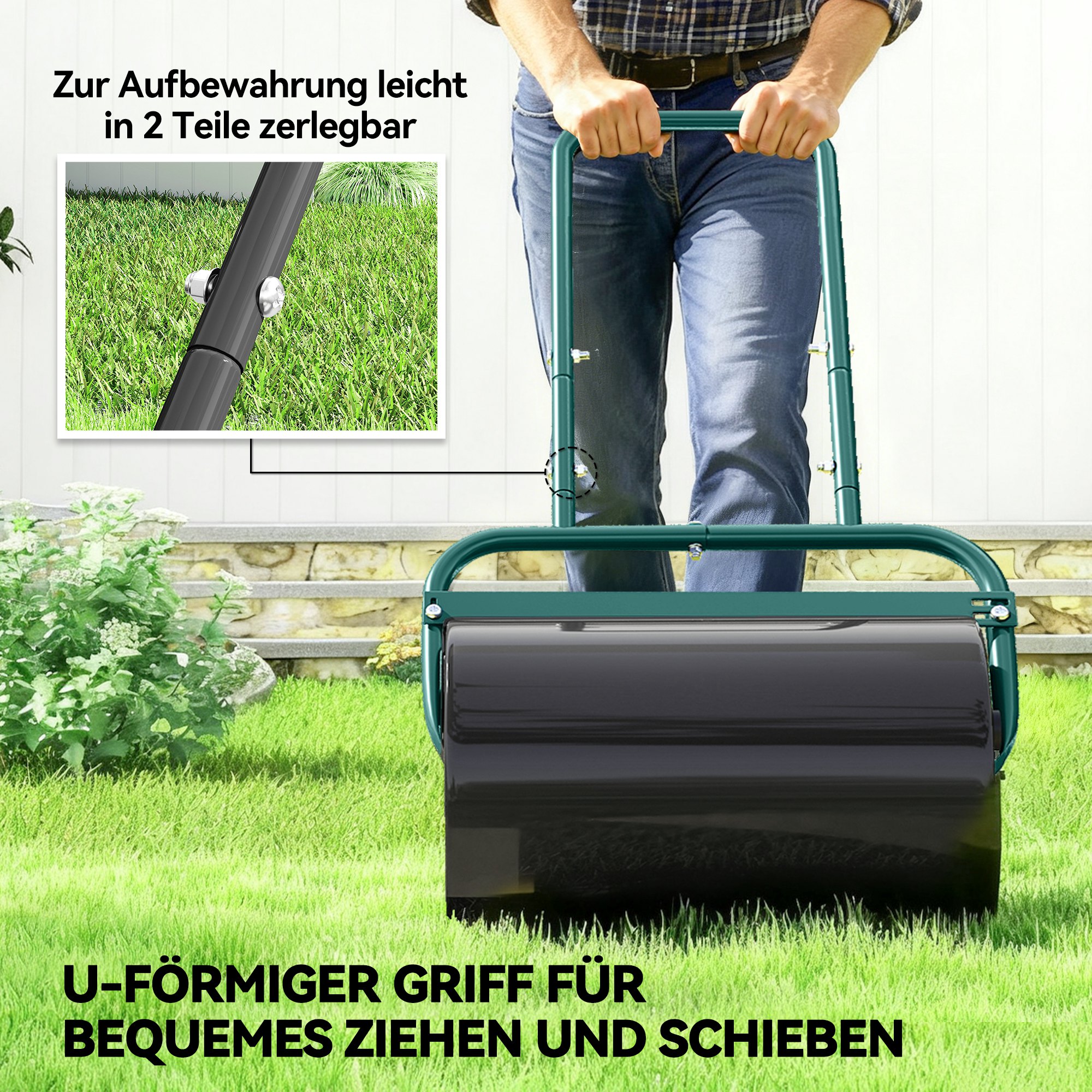 Handliche Rasenwalze, Praktische Rasenrolle, Graswalze, Gartenwalze, flexibel, Stahl, 58L x 32,5B x 113H cm, Dunkelgrün