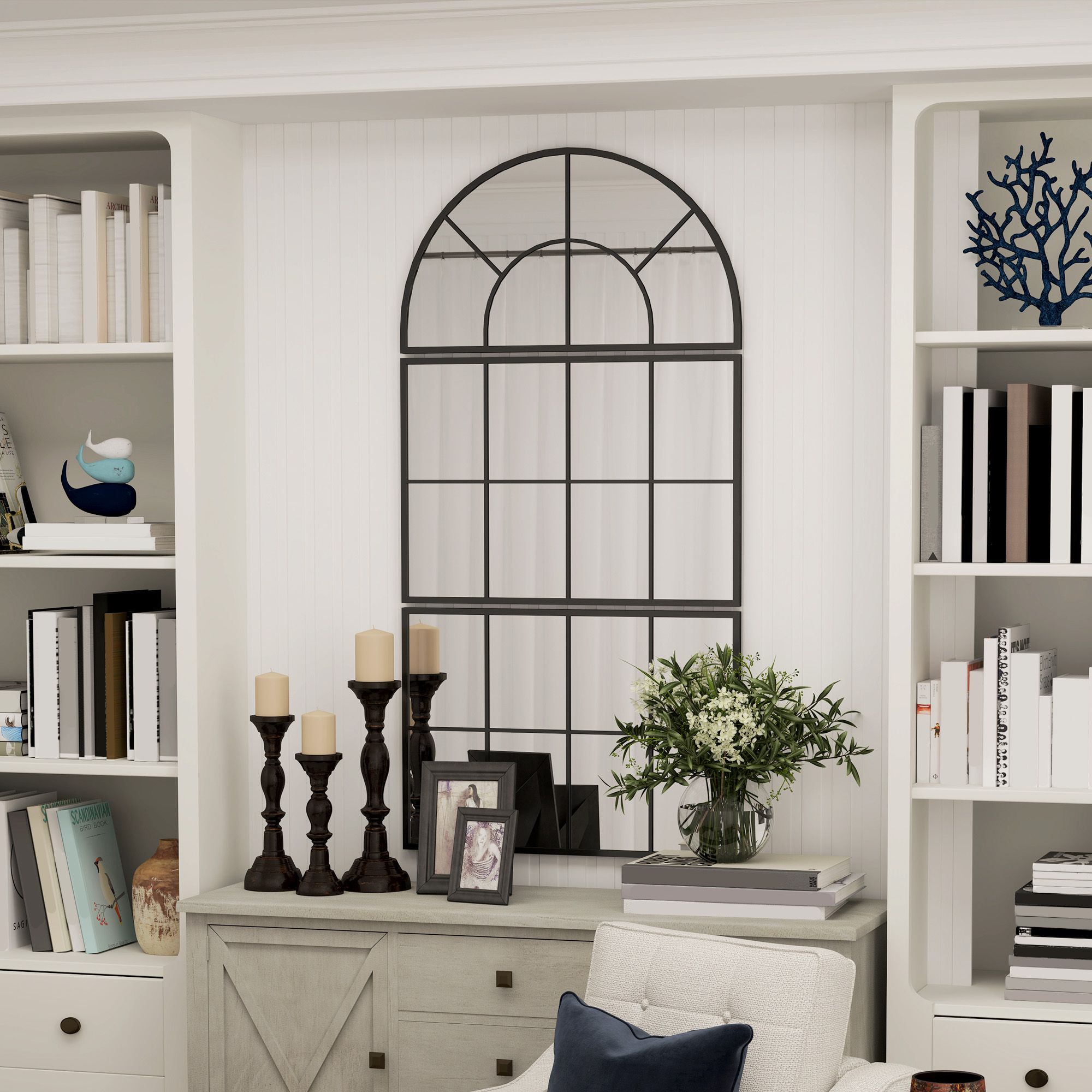 Wandspiegel, Fensterspiegel, dreiteilig, Metallrahmen, 76 x 53 cm, Schwarz