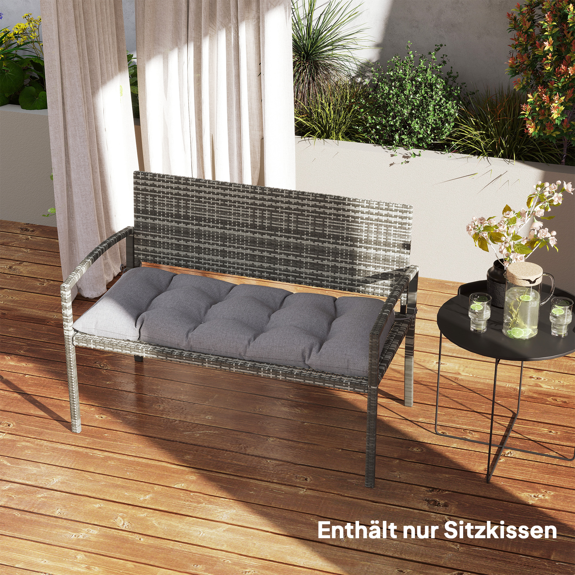 Bankauflage 105 x 46 x 12,5 cm Bankkissen mit Bändern, Outdoor Sitzkissen für Gartenmöbel, Sitzbank, Grau