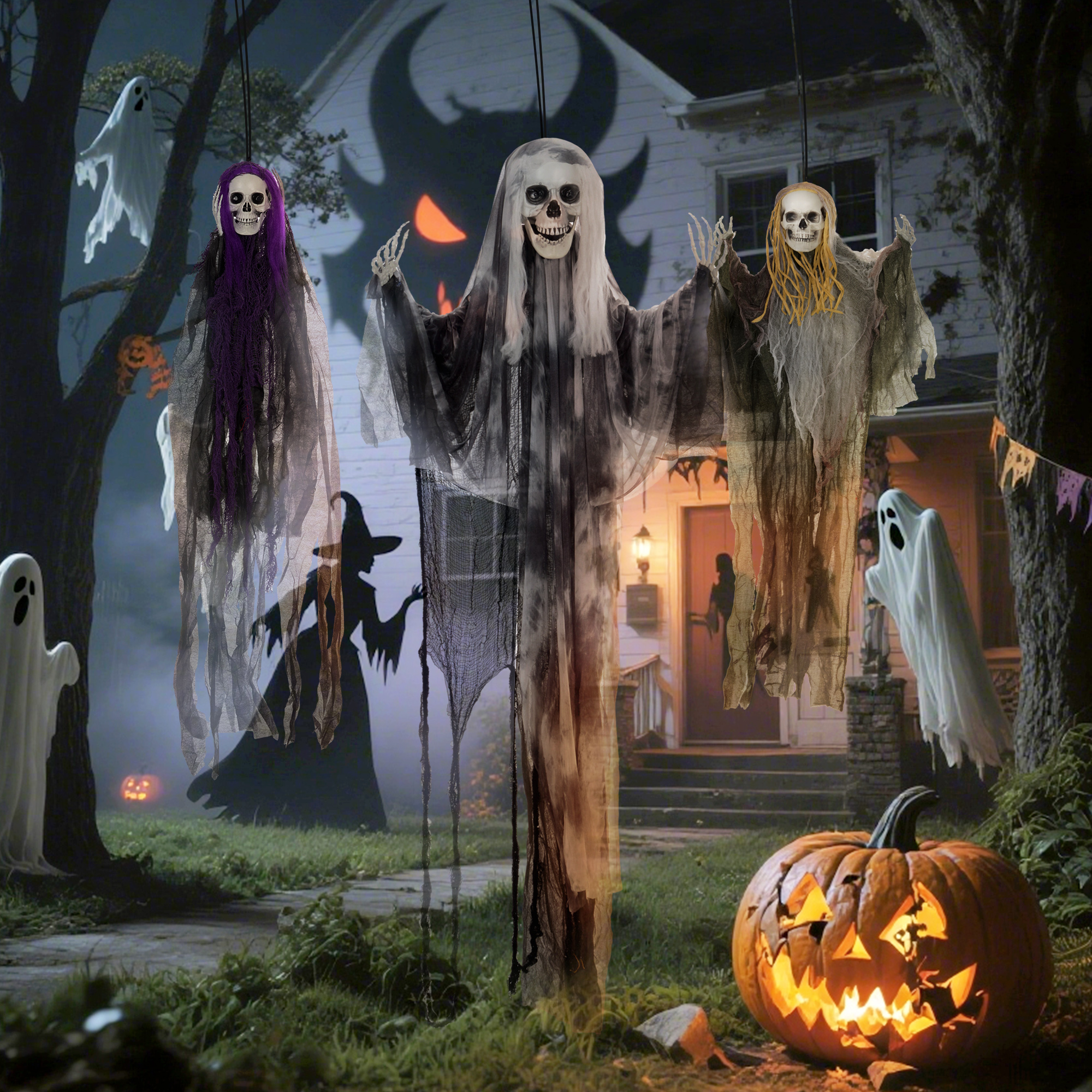 hängende Skelett-Geister, 3er Set, Halloweendeko, verstellbare Arme, 90/110/200cm