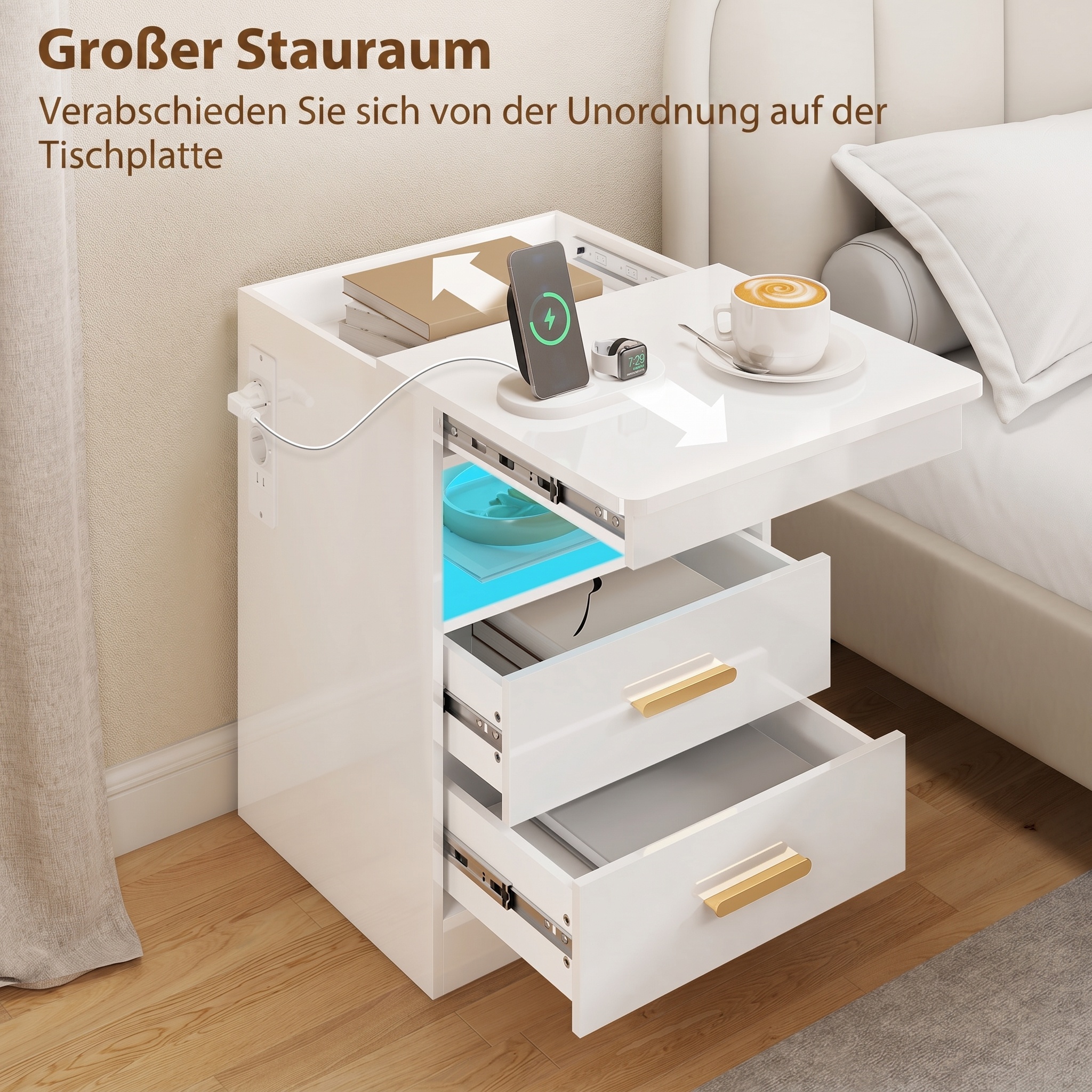 Nachttisch, Beistelltisch mit Ladestation und RGB-LED-Beleuchtung, Hochglanz Weiß