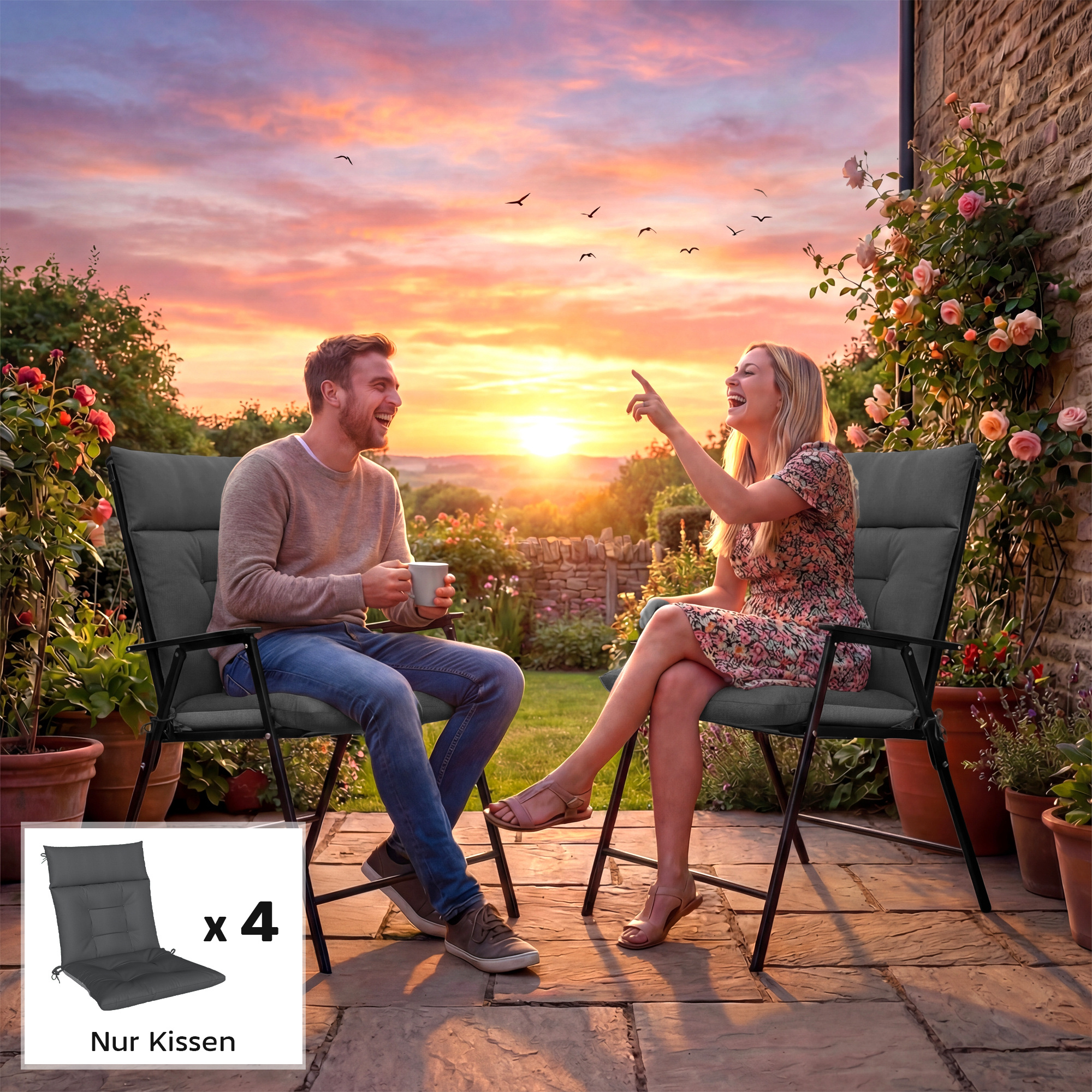 4er Set Sitzkissen wasserabweisend rutschfest Stuhlkissen mit Bändern, Indoor Outdoor 111,5 x 53 x 8 cm Dunkelgrau