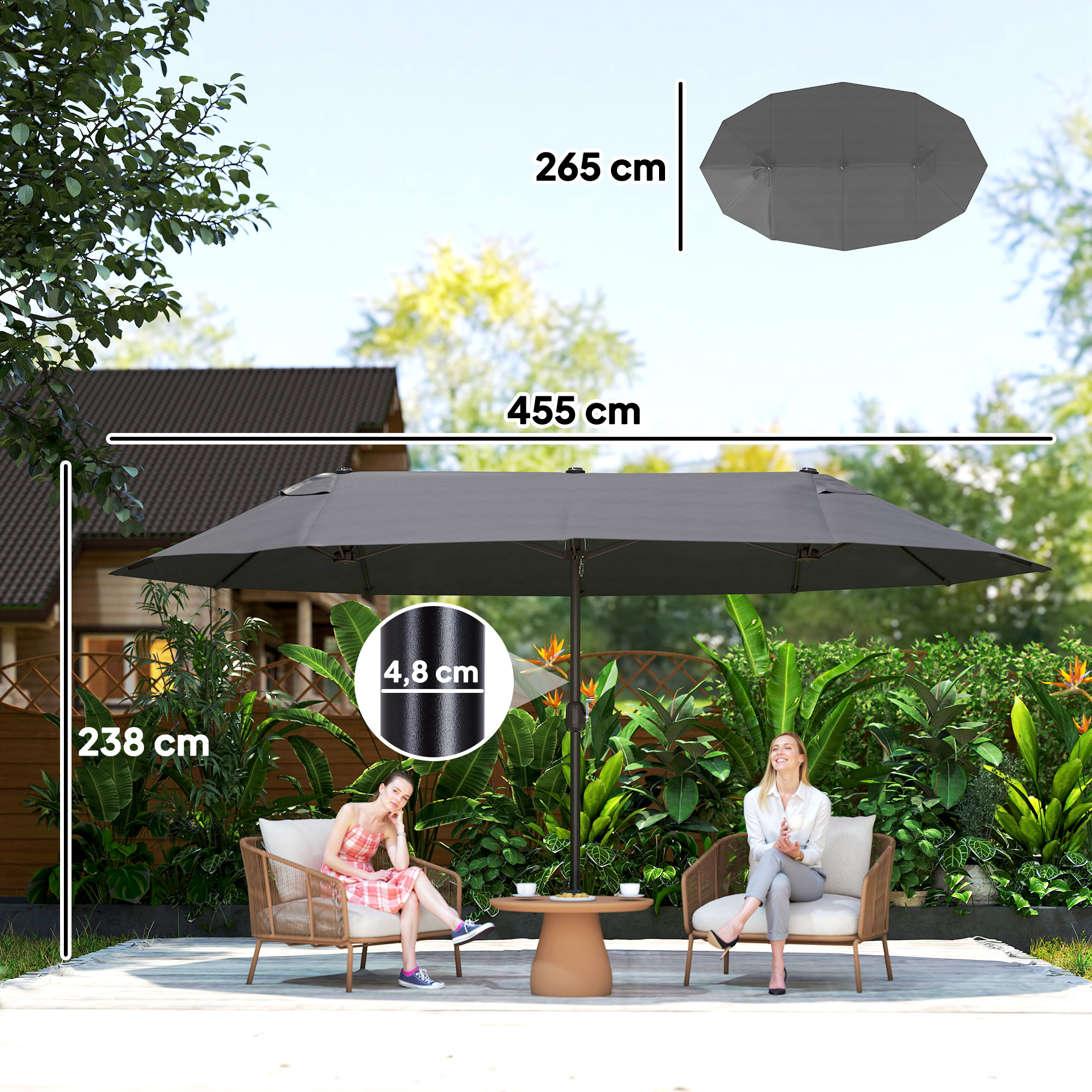 Doppelsonnenschirm 455 x 265 cm, UV Schutz Sonnenschirm mit Handkurbel, Balkonschirm windfest Kurbelschirm Sonnenschutz für Balkon Garten, Grau