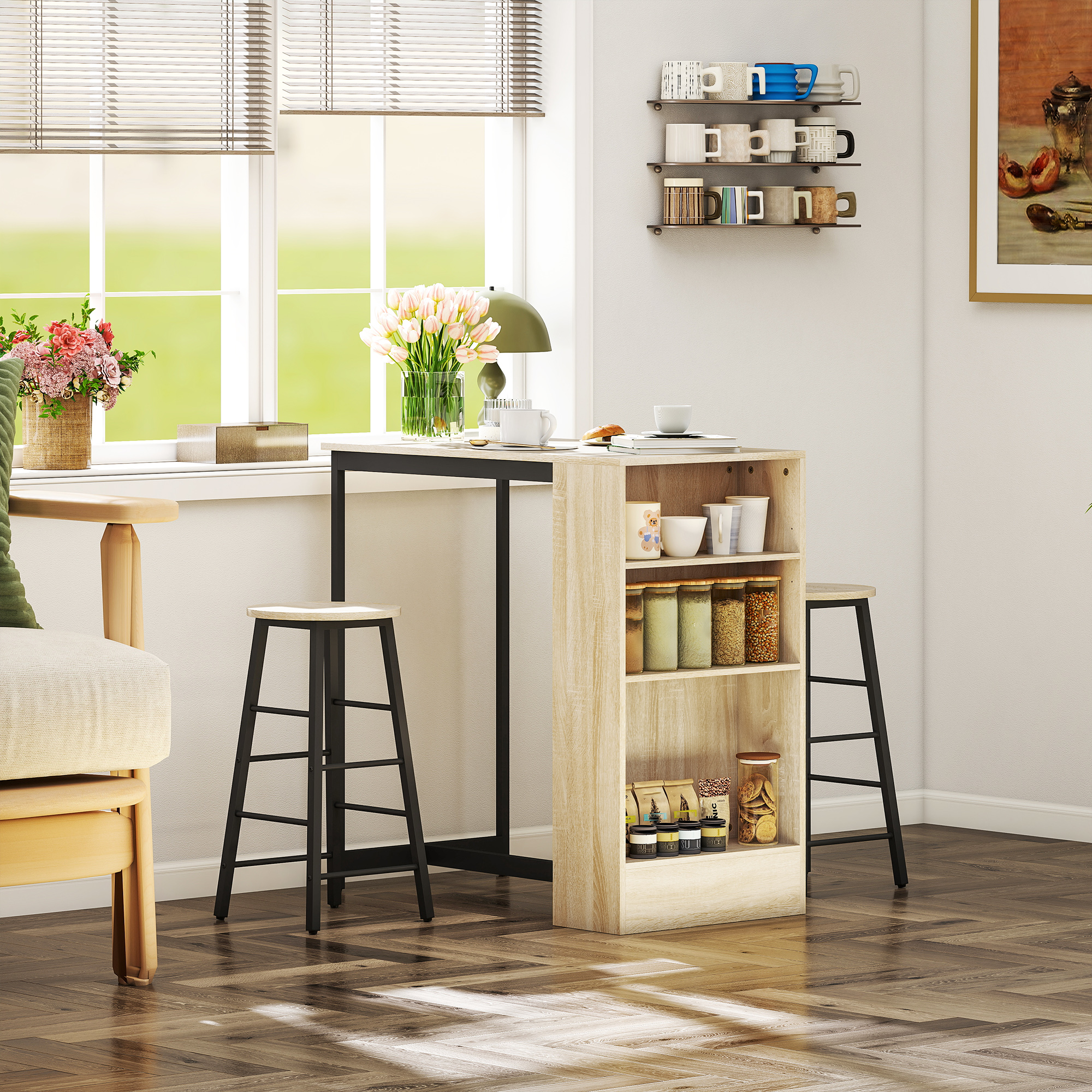 3-teiliges Bartisch-Set, 1 Tresen, 2 Stühle, mit Stauraum und Fußstützen, platzsparend, Hellbraun+Schwarz