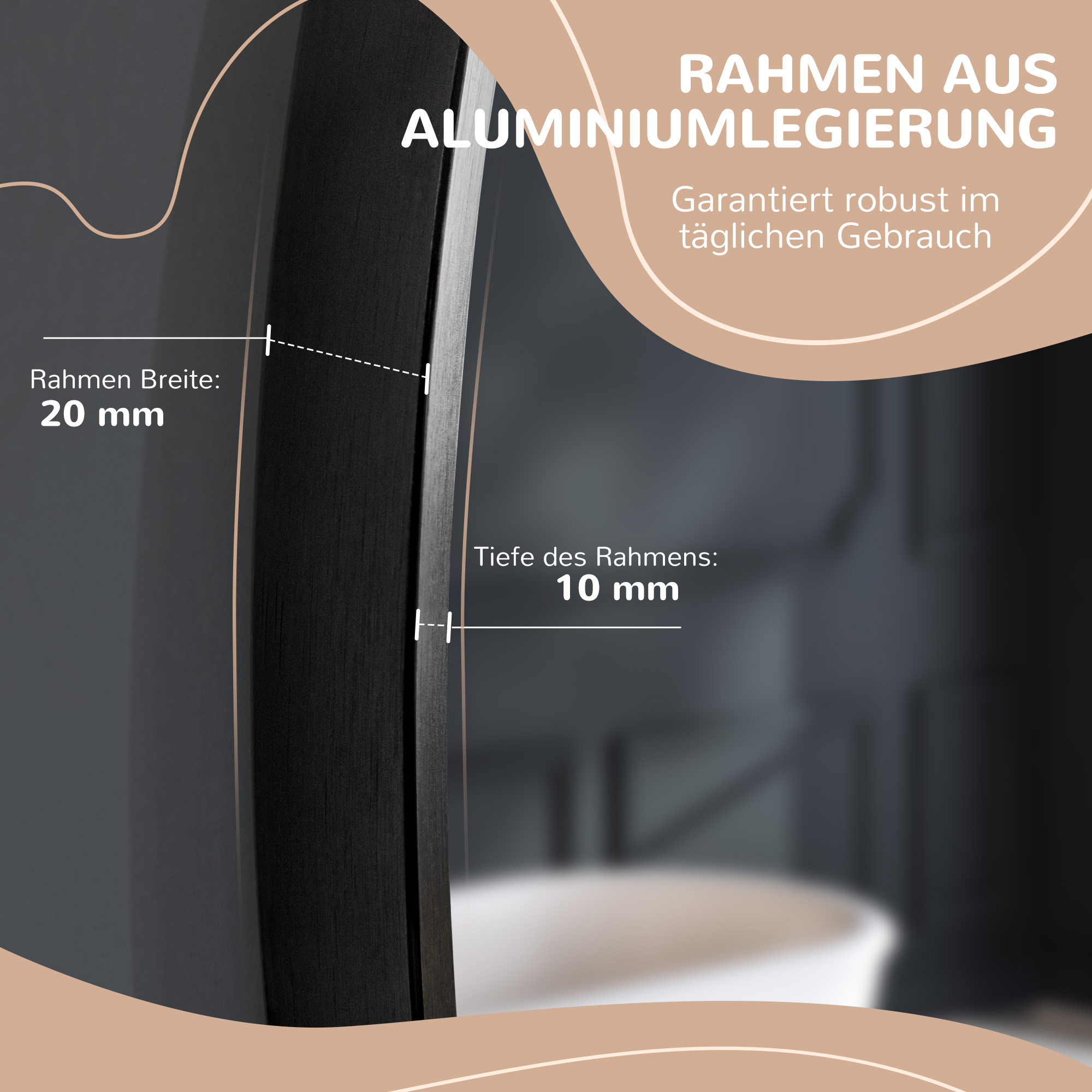 Runder Wandspiegel für Bad, Schlafzimmer, Flur, Metallrahmen, Farbe: Schwarz, Ø50