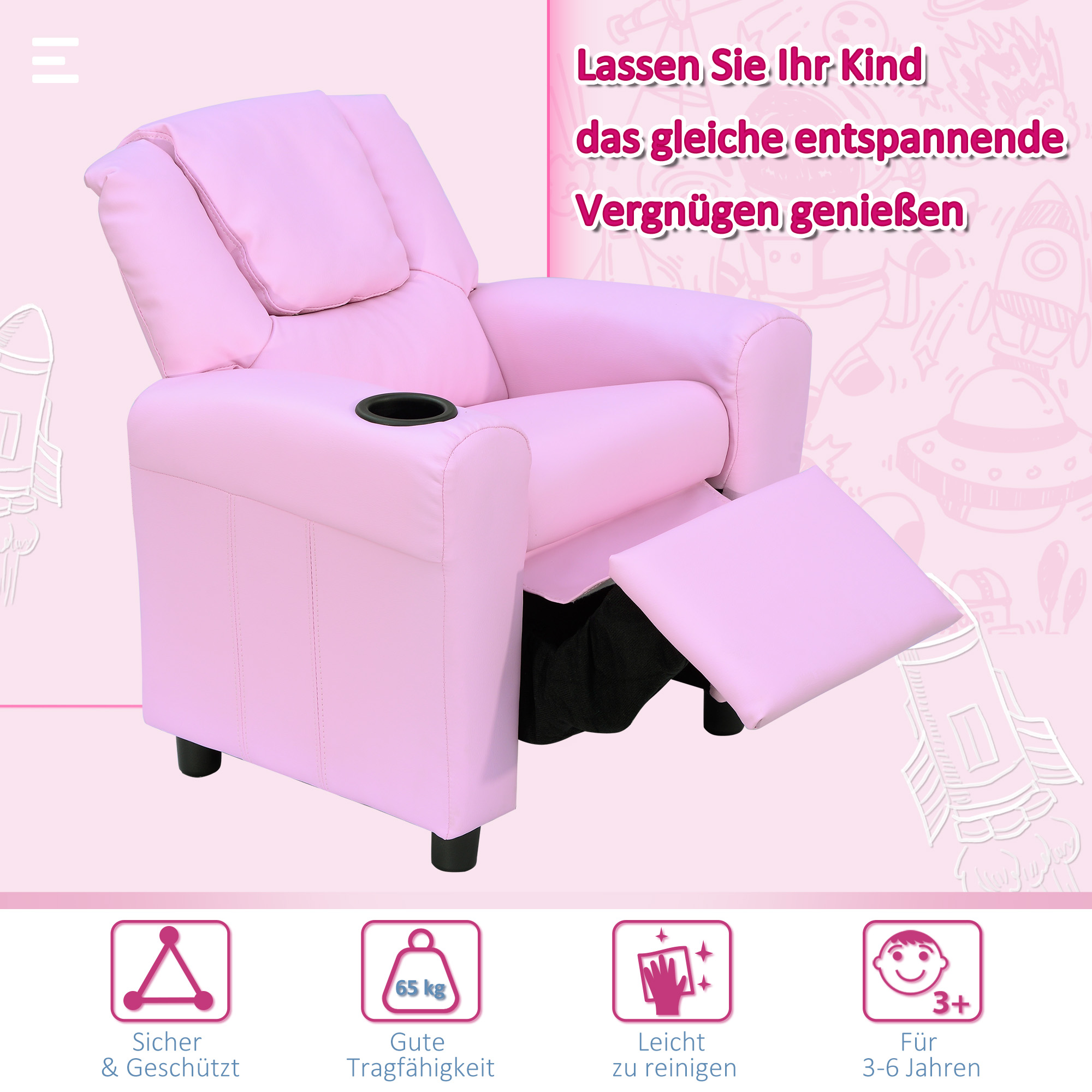 Kindersofa Kindersessel mit Fußstütze Armlehne Getränkehaltern verstellbare Rückenlehne Liegecouch Kindercouch Relaxsessel Kinder Sofa für 3-6 Jahre Jungen Mädchen Rosa