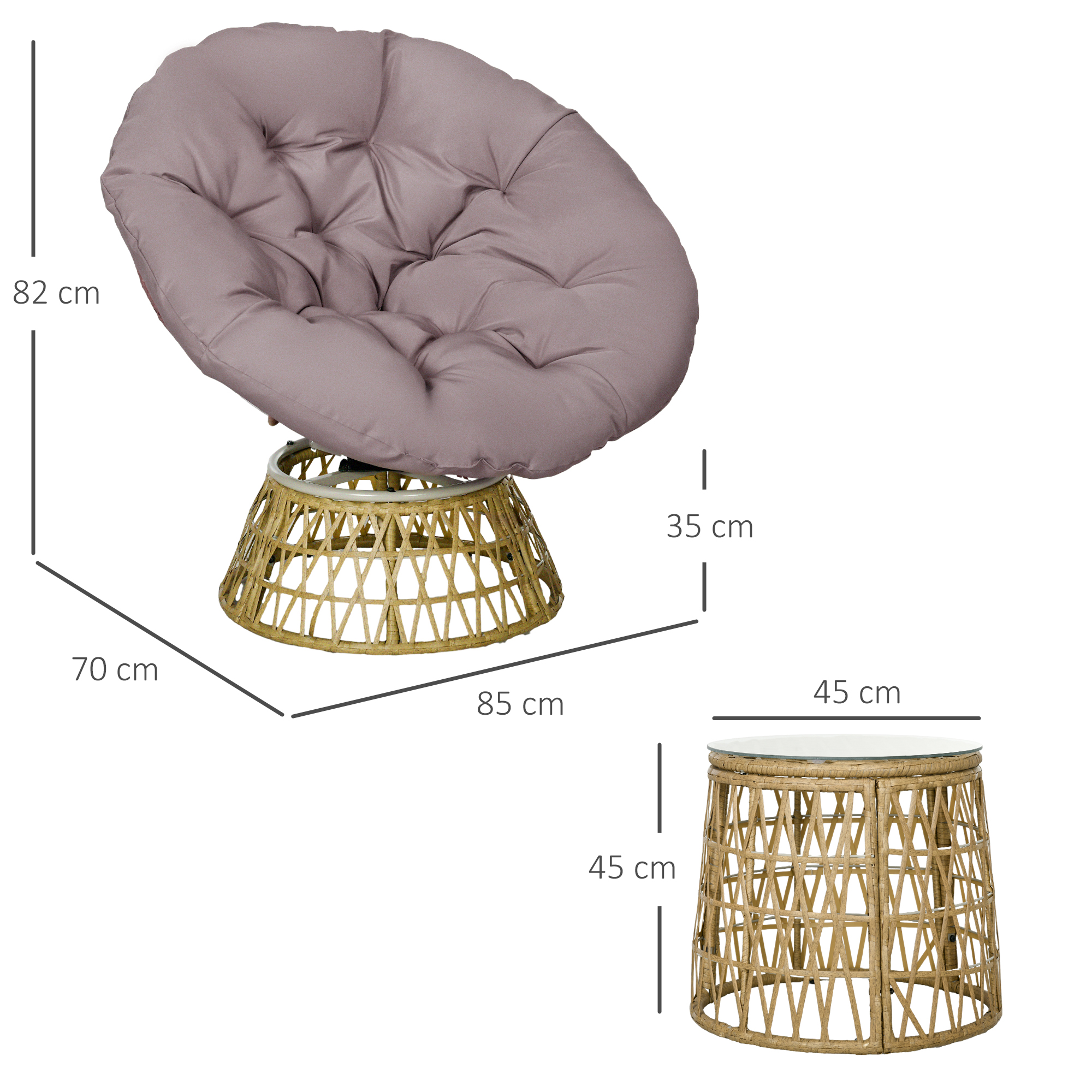 Bistro-Set Balkon-Set Terrassenset, wetterbeständig, abnehmbare Polster, 85 cm x 70 cm x 82 cm, Natur +Hellbraun