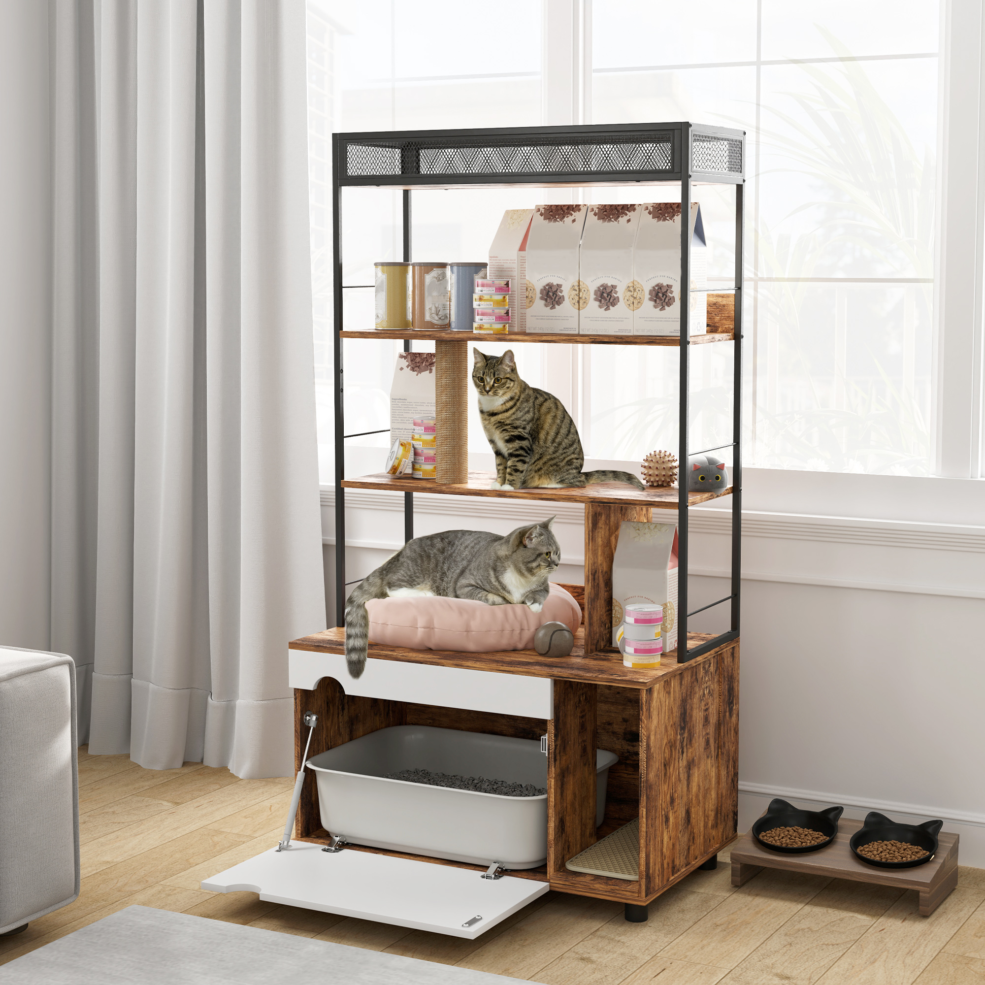 Katzentoilette mit 3-Ebenen-Regal und Kratzpfosten, geschlossenes Katzenklo, 80 x 48 x 152 cm, Braun