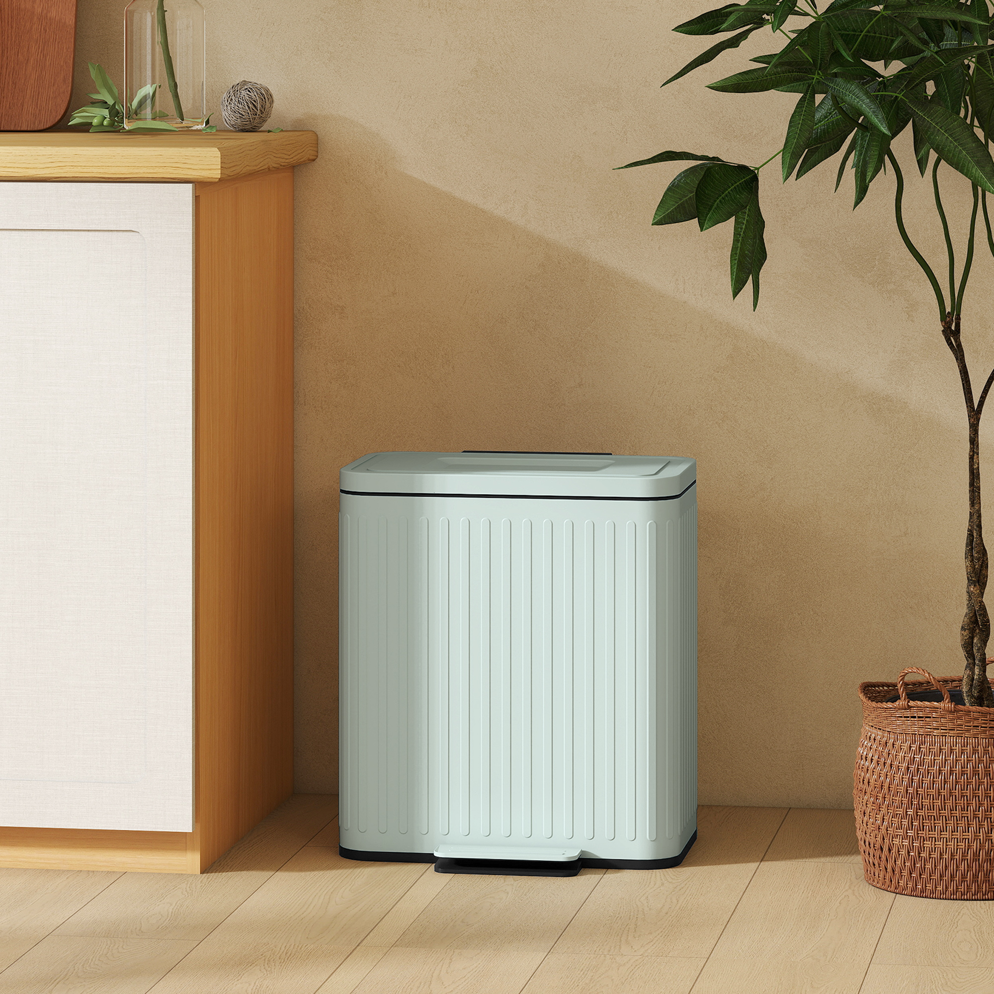 Küchenmülleimer, 2x 20l-Fächer, effiziente Mülltrennung, Fußpedal, Kunststoff, Metall, Grün