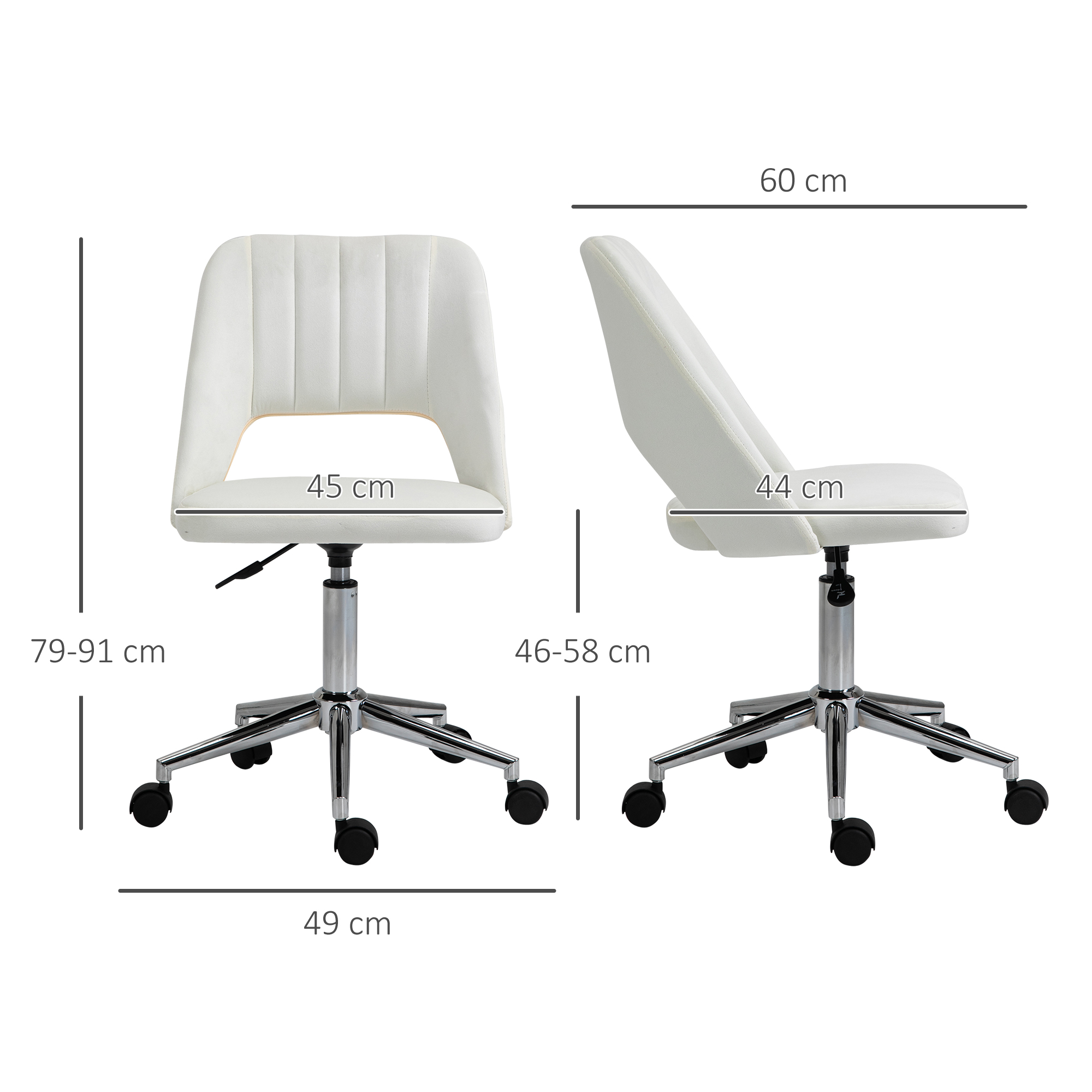 höhenverstellbarer Schreibtischstuhl mit Rollen, 360° drehbar, Jakobsmuschel-Form, Schaumstoff, 49 x 60 x 79-91 cm, Cremeweiß