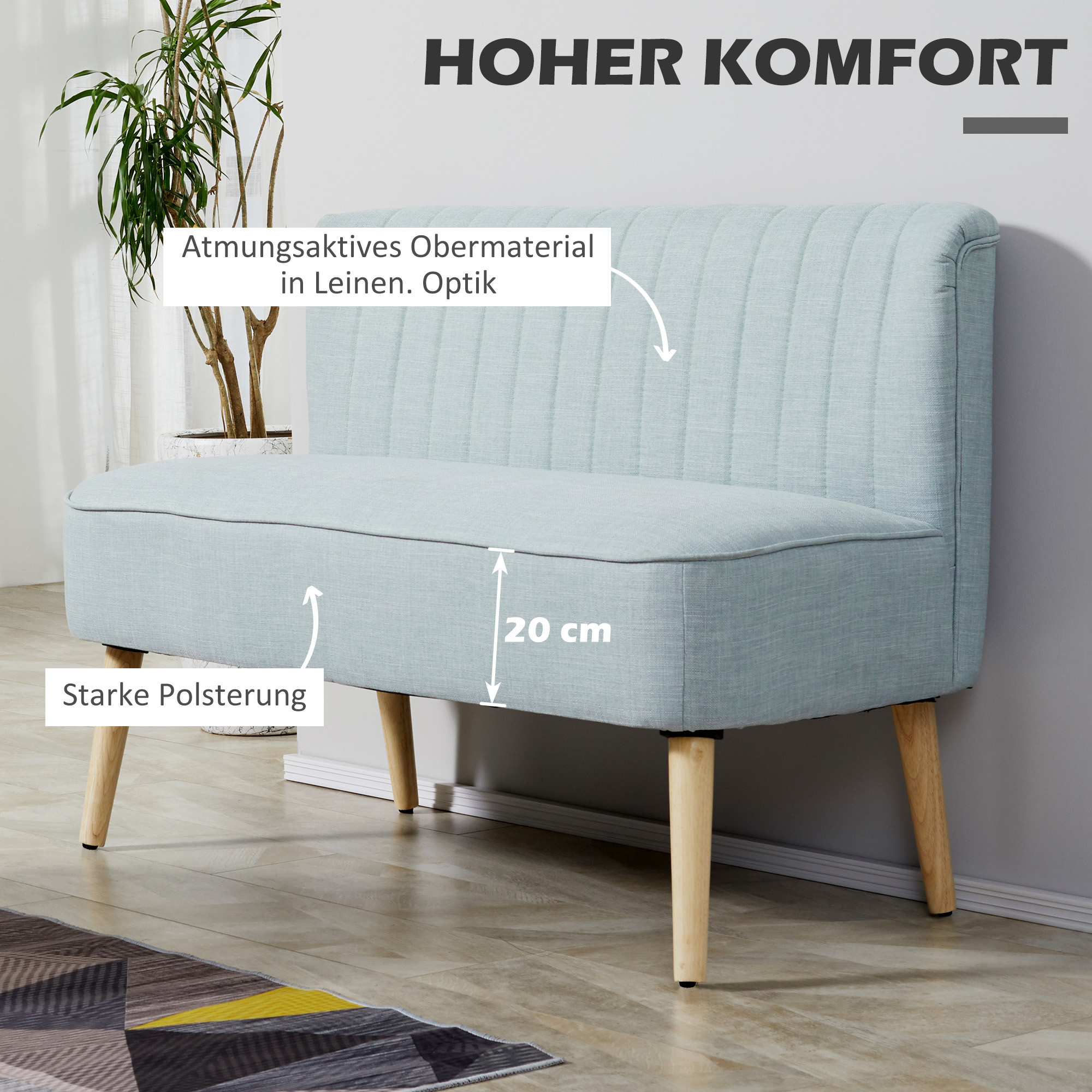 2-Sitzer Sofa, weiche Polsterung, pflegeleichter Bezug, bis 150 kg, 117 x 56,5 x 77 cm, Hellgrün