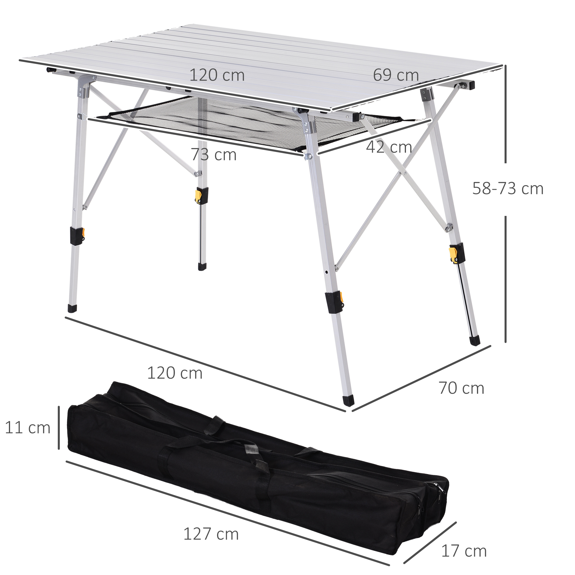 Picknick Klapptisch, Falttisch, Höhenverstellbarer Campingtisch, Inkl. Tragetasche, Aluminium, Silber, 120 x 69 x 59-78 cm