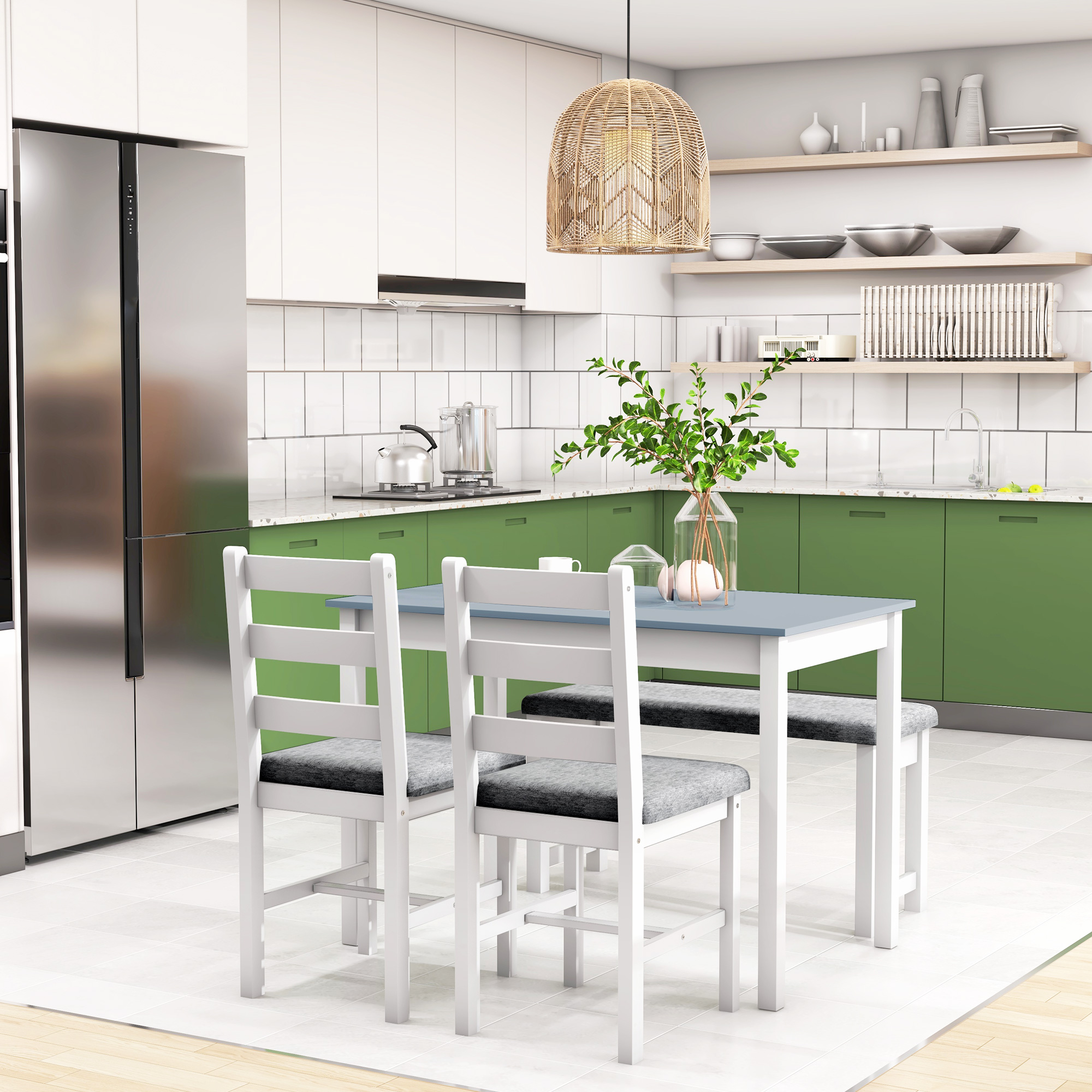 Sitzgruppe, 4-teiliges Esstisch-Set, 1 Tisch, 1 Bank, 2 Stühle, Grau + Weiß