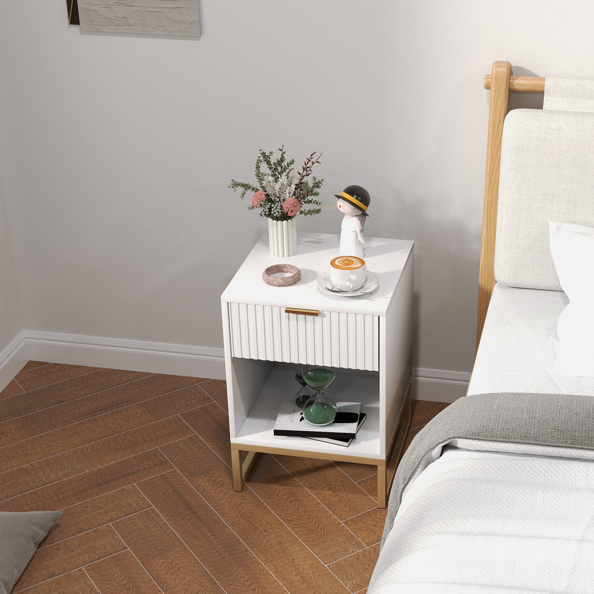 Nachttisch mit Schublade und Regal, Stauraum und Metallbeinen, für Schlafzimmer, Wohnzimmer, Weiß