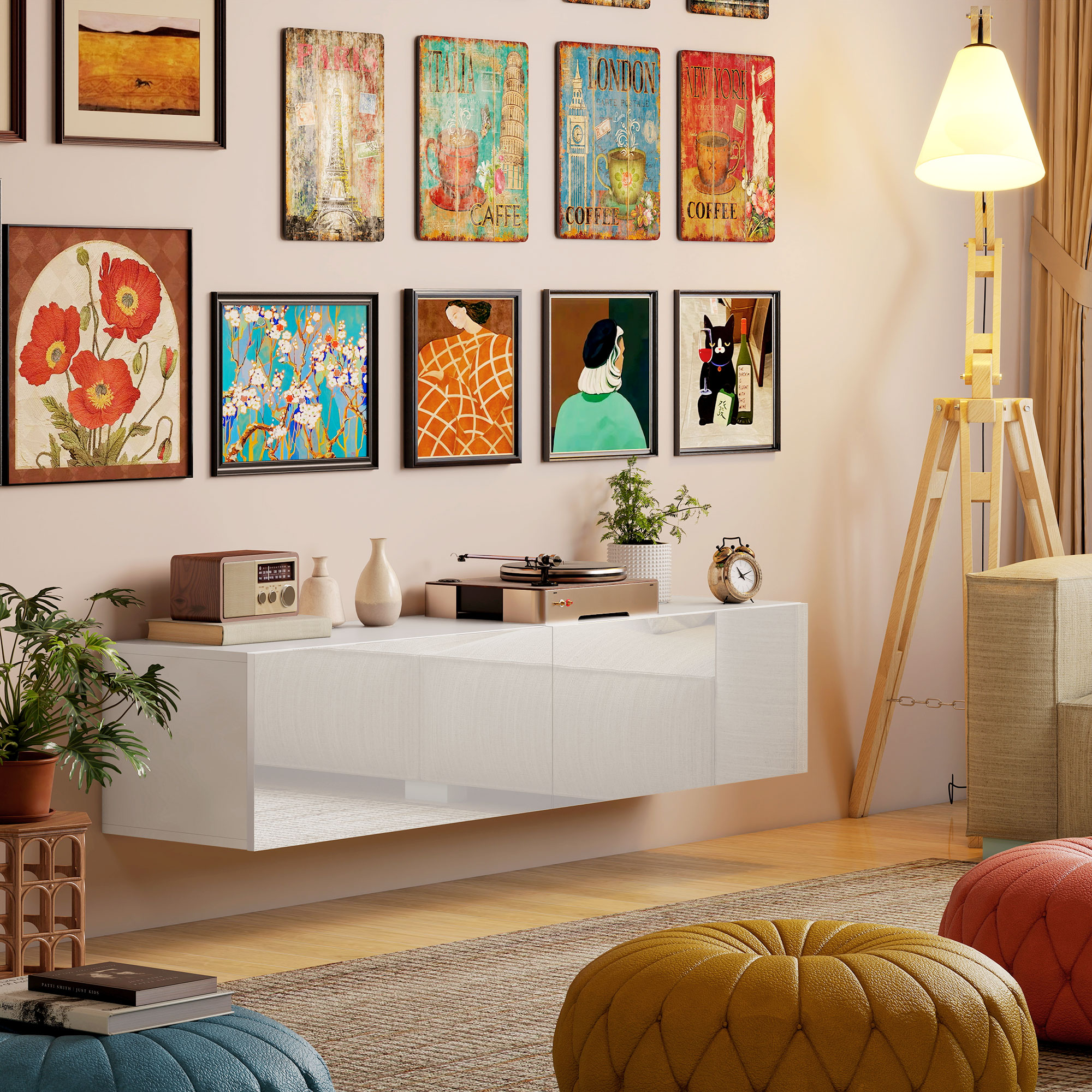 Wandmontierter TV-Schrank, schwebende TV-Kommode mit viel Ablagefläche und Stauraum, Spanplatte, Weiß