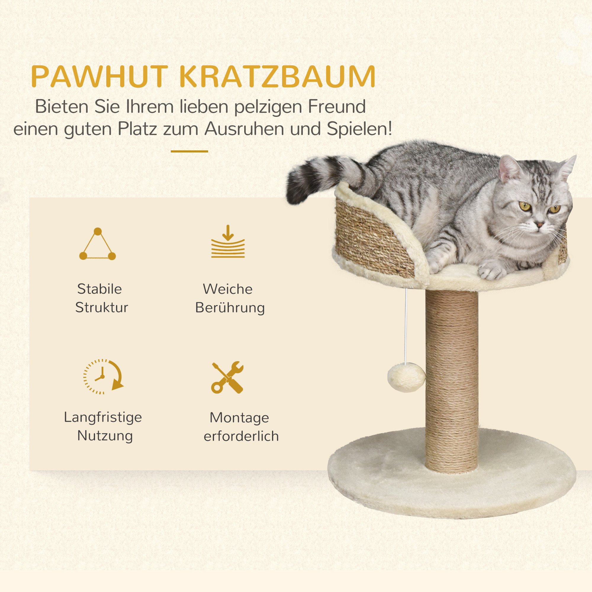 Kratzbaum Katzenbett Katzenkorb, inkl. Spielball, 40 cm x 40  cm x 49cm, Natur + Cremeweiß