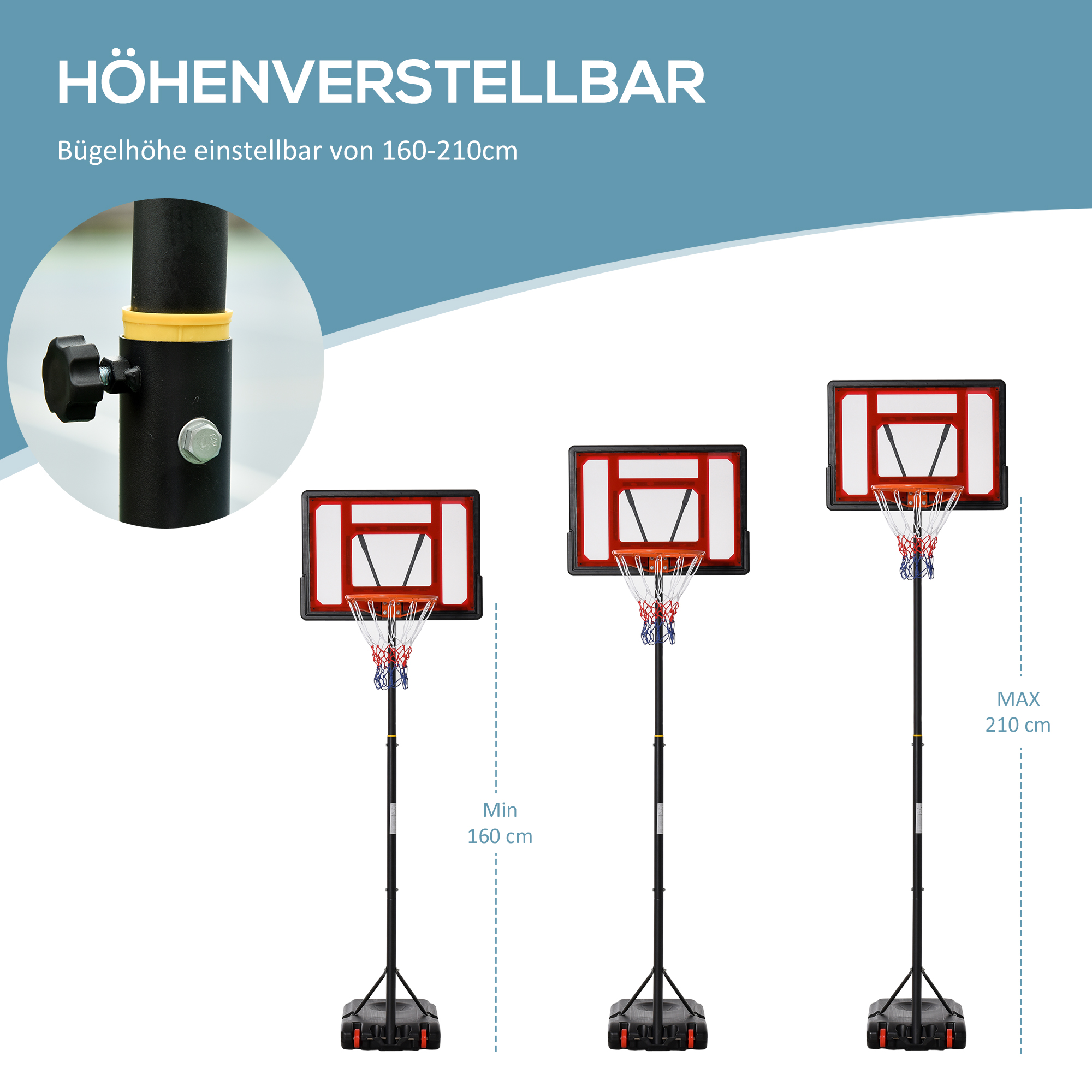 Rollbarer Basketballständer, Verstellbarer Basketballkorb, freistehend, Kunststoff, Stahl, 75L x 83B x 205-261H cm