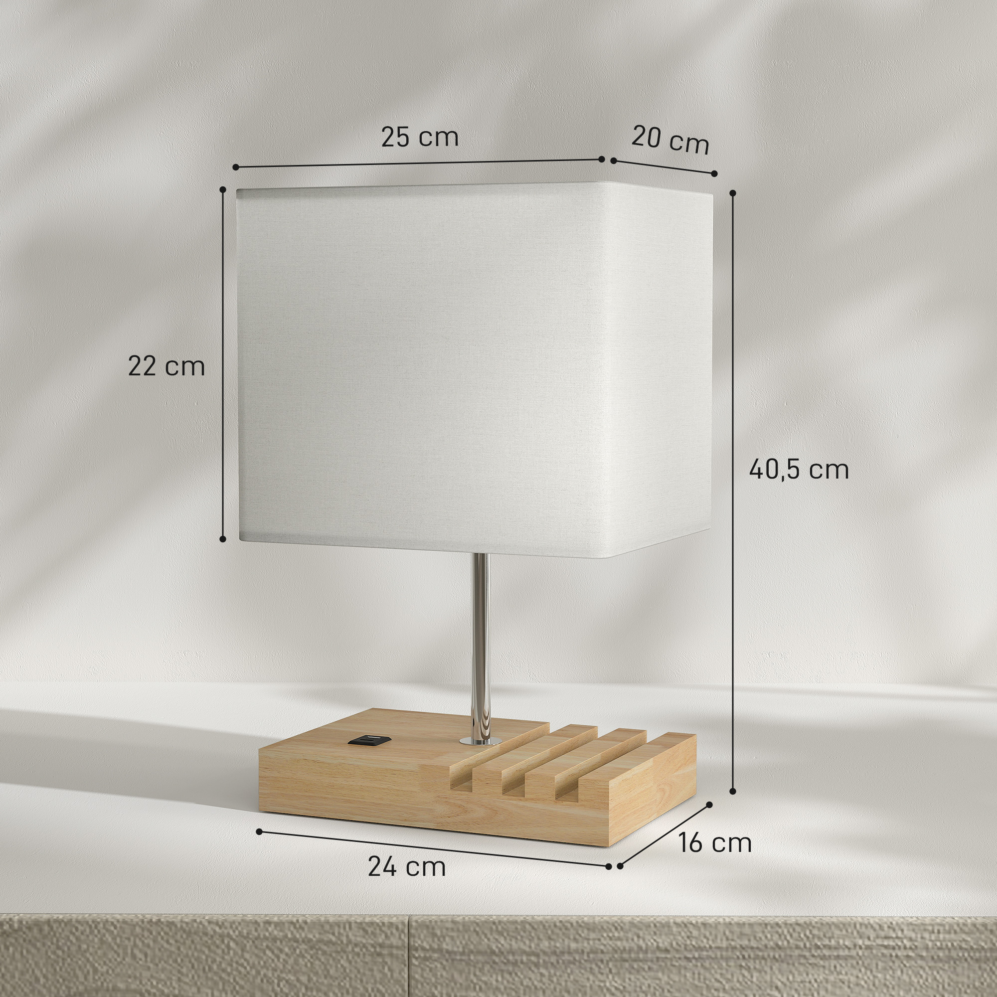 Nachttischlampe, USB-Anschlüsse, Holz, Stoff, Wippschalter, Ablagefächer, Weiß