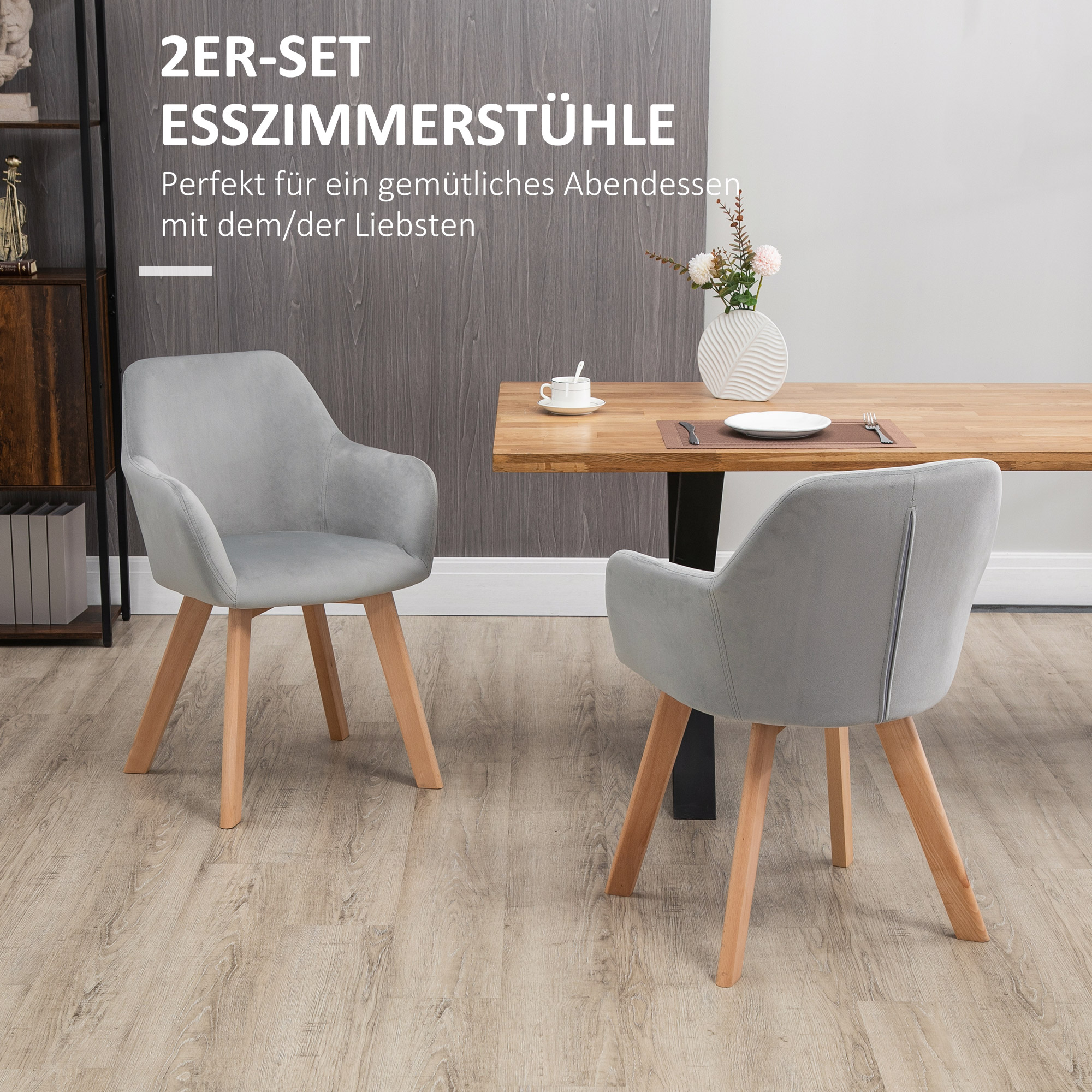 2er-Set Stühle, Esszimmerstühle, Samtoptik, Holzbeine, 54 cm x 57 cm x 80 cm, Grau + Natur