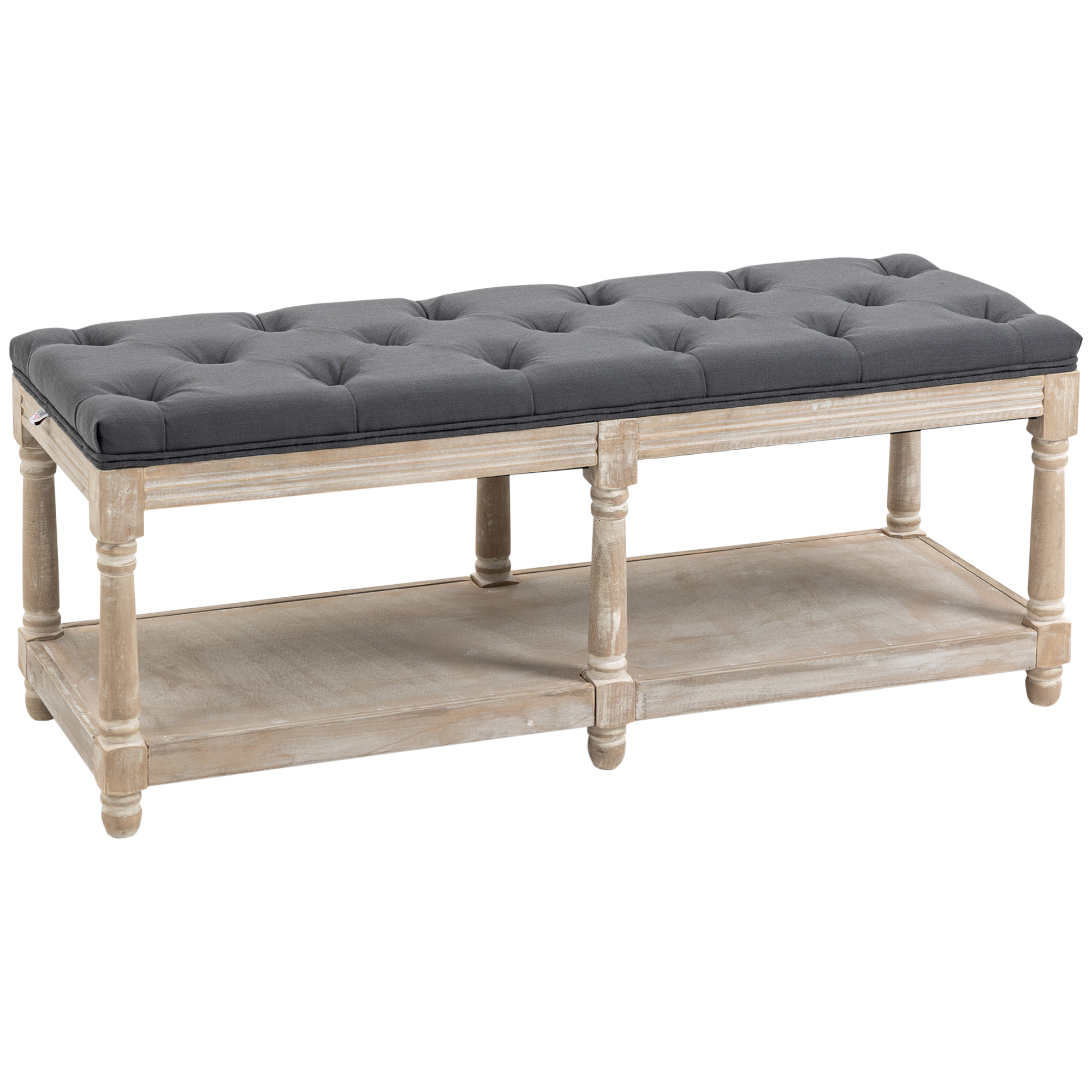Sitzbank mit Stauraum, Vintage-Design, Knopfheftung, Kautschukbaumholz, 115x40x48cm, Grau