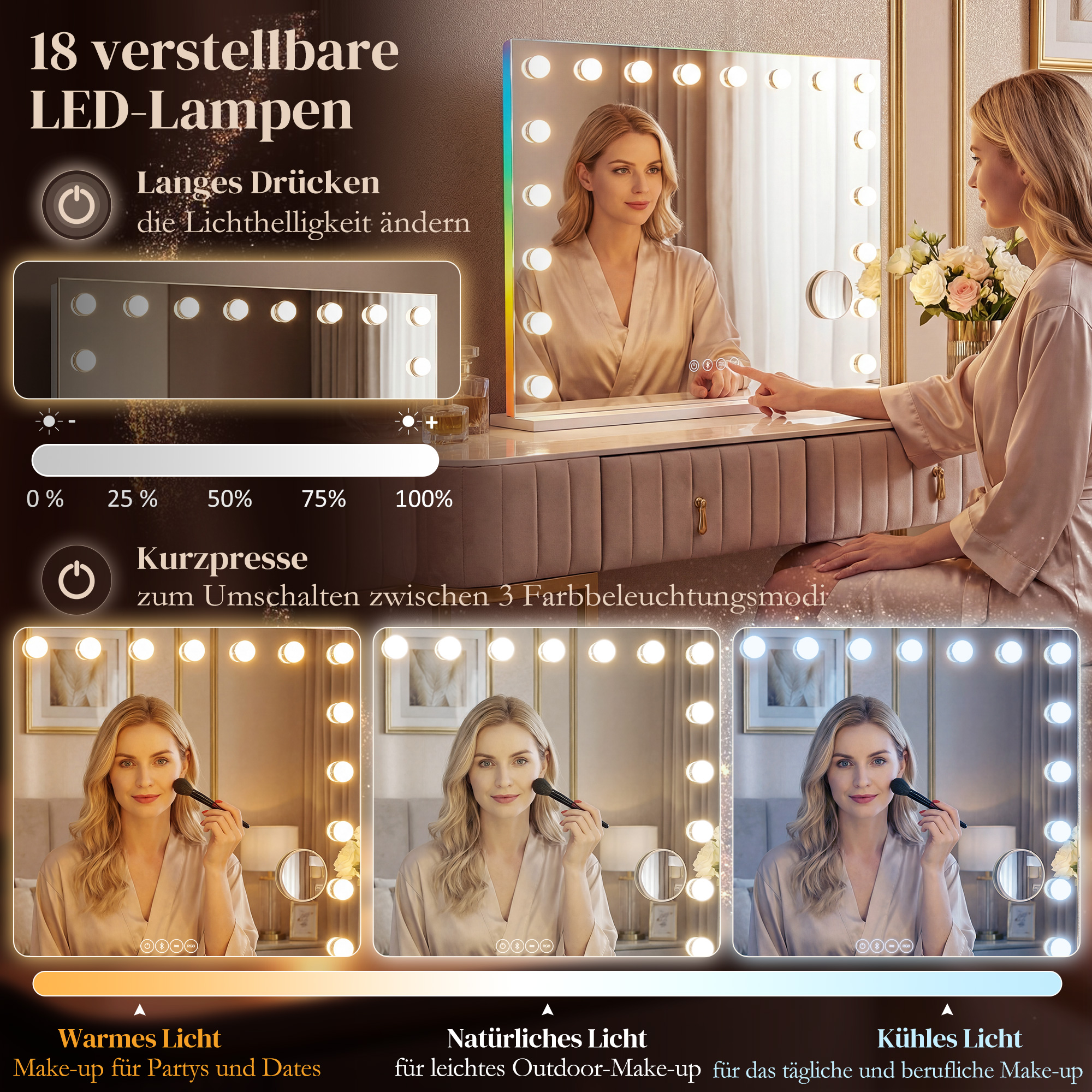 Hollywood Schminkspiegel mit 18 dimmbaren LED-Lampen, 3 Farben, RGB-Licht, Bluetooth-Lautsprecher, 10x Vergrößerung Weiß