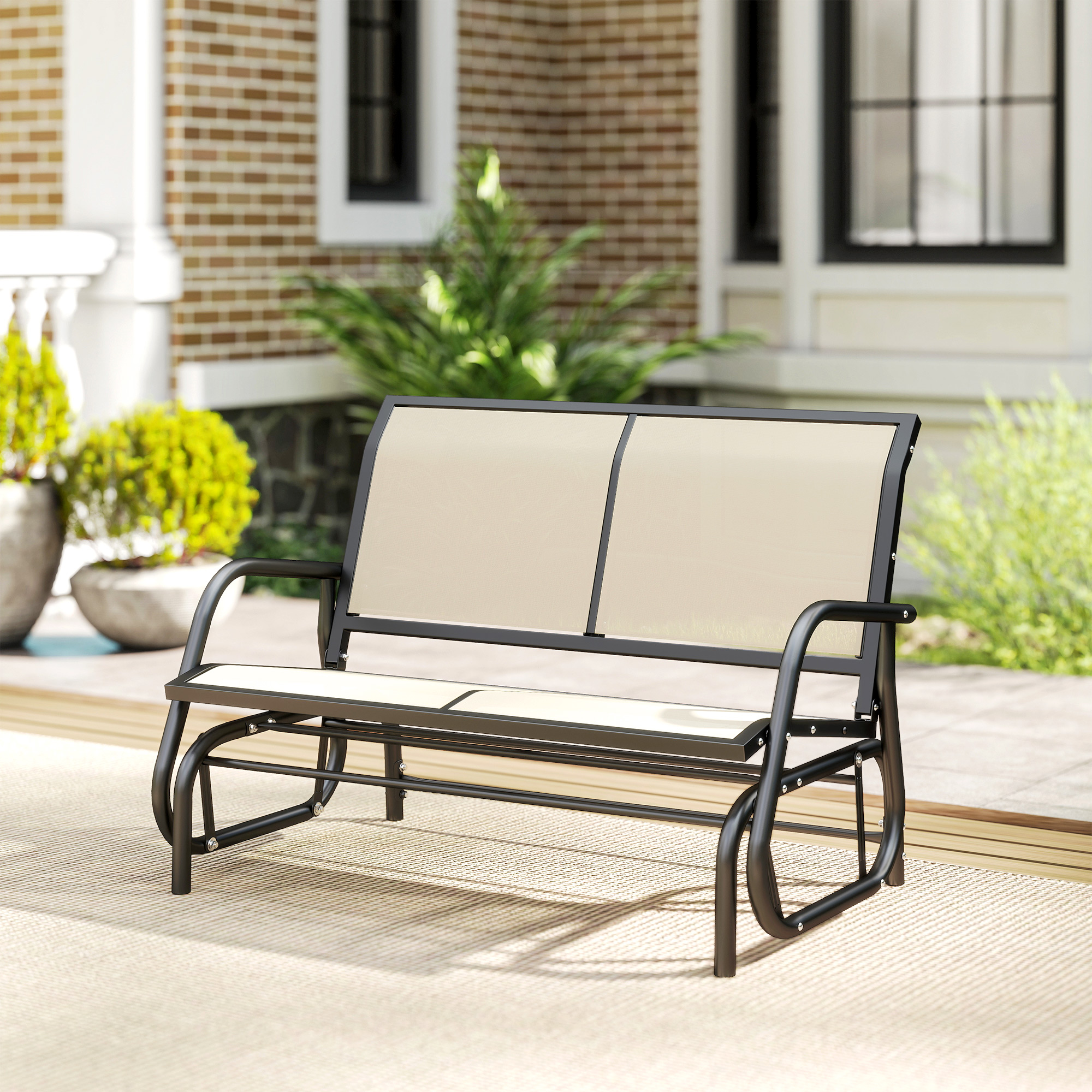 2-Sitzer Schaukelstuhl Gartenbank mit Schaukelmechanismus Gartenschaukel Sitzbank aus Metall Parkbank bis 200 kg belastbar Gartenmöbel für Garten, Terrasse, 120 x 70 x 85 cm Schwarz+Beige