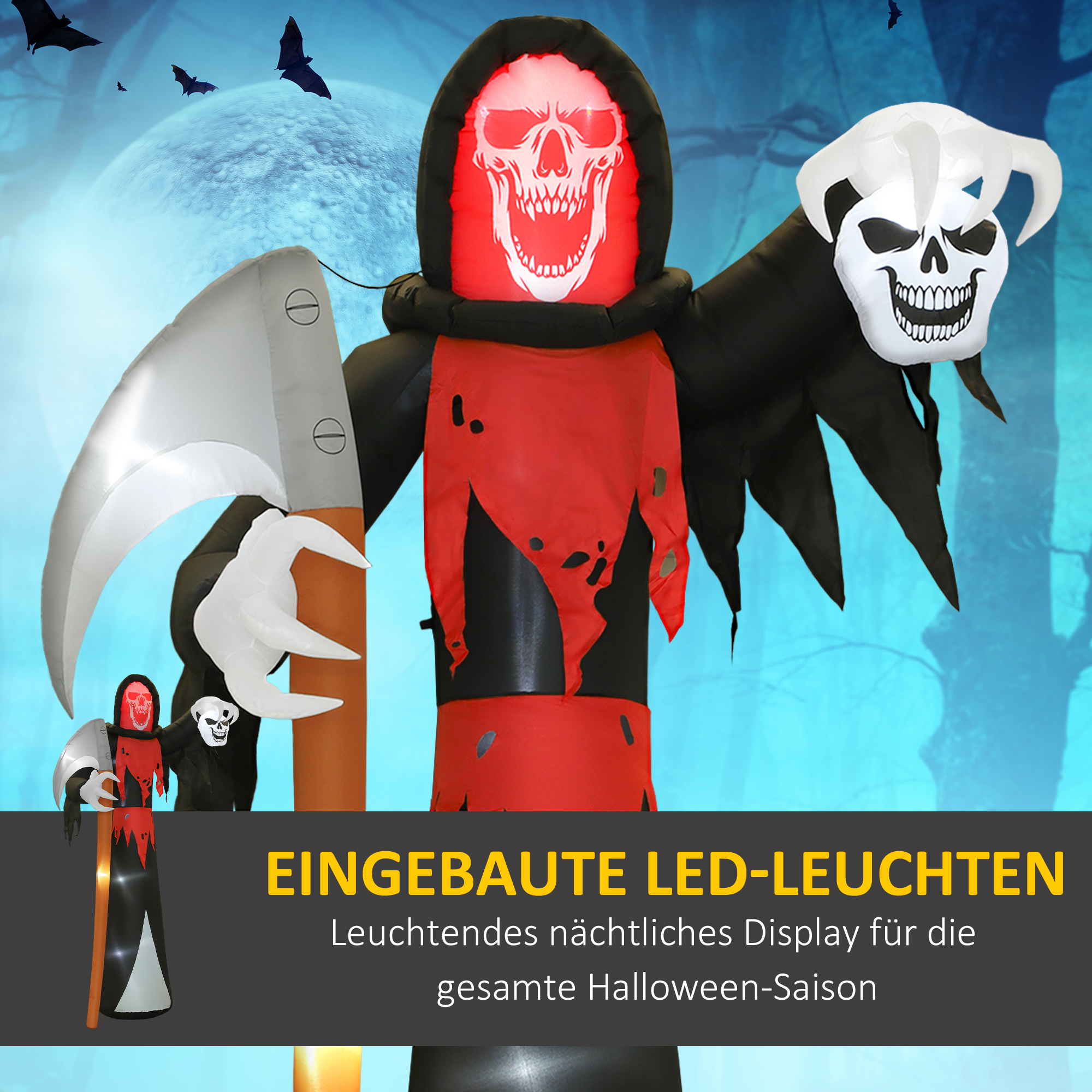 Halloween-Dekoration 3,7 m riesiger Sensenmann mit LED-Beleuchtung Leuchtende Luftfigur für Outdoor