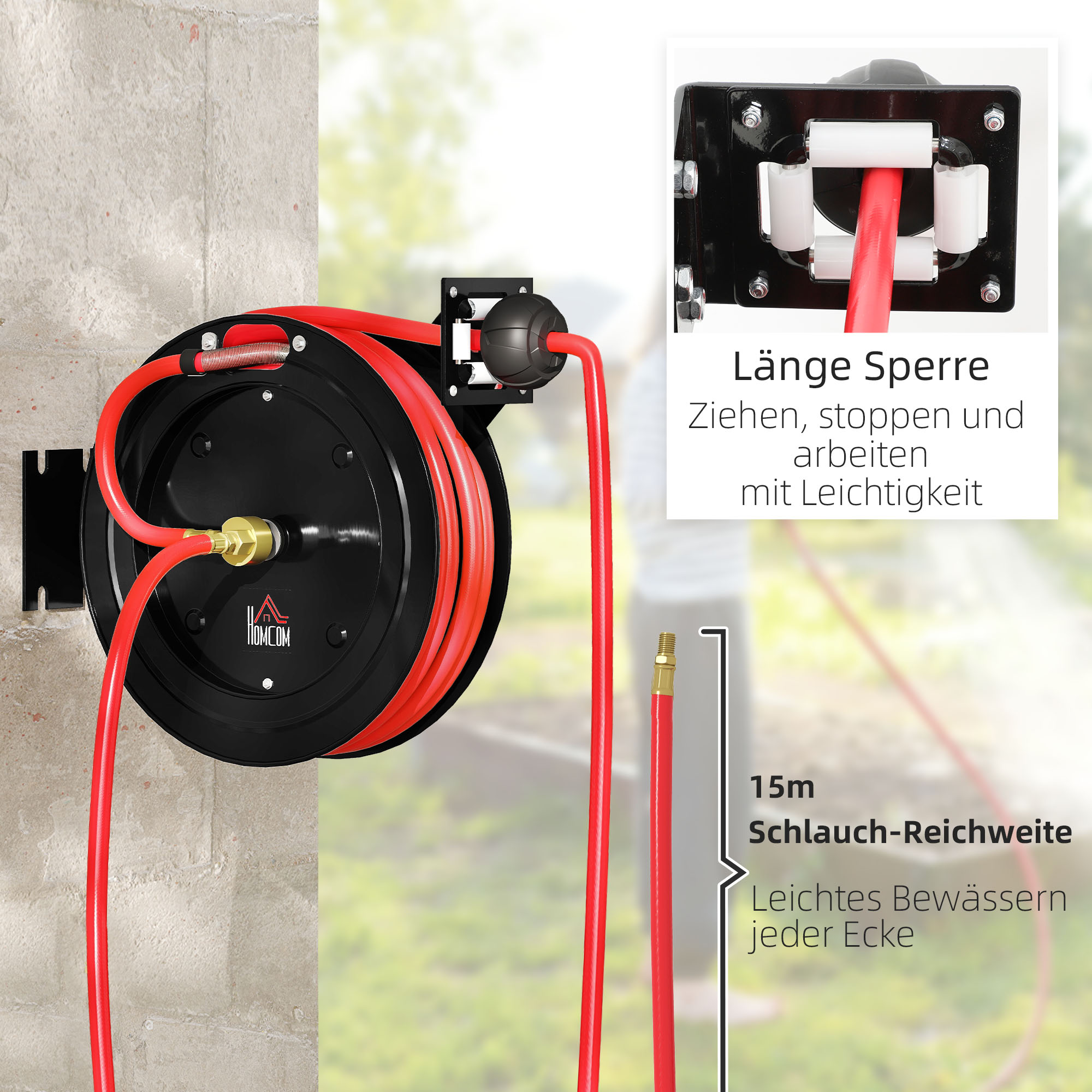Wandmontierte Gartenschlauchrolle, automatisches Zurückziehen, 20 bar Wasserdruck, 15+1 m Wasserschlauch, Metall