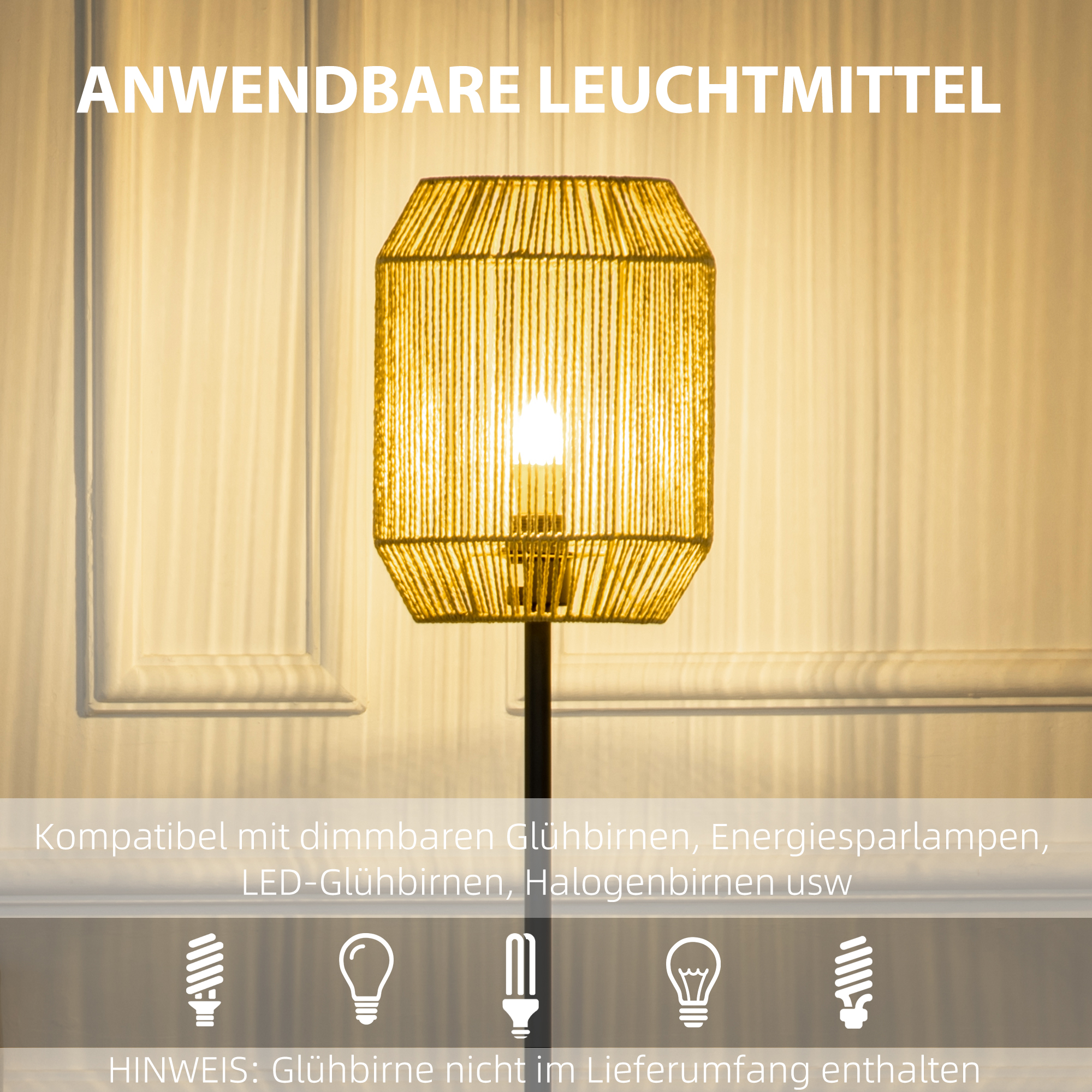 2-teiliges Leuchten-Set, 1 Stehleuchte, 1 Tischleuchte, 38 cm x 38 cm x 158 cm, Natur + Schwarz