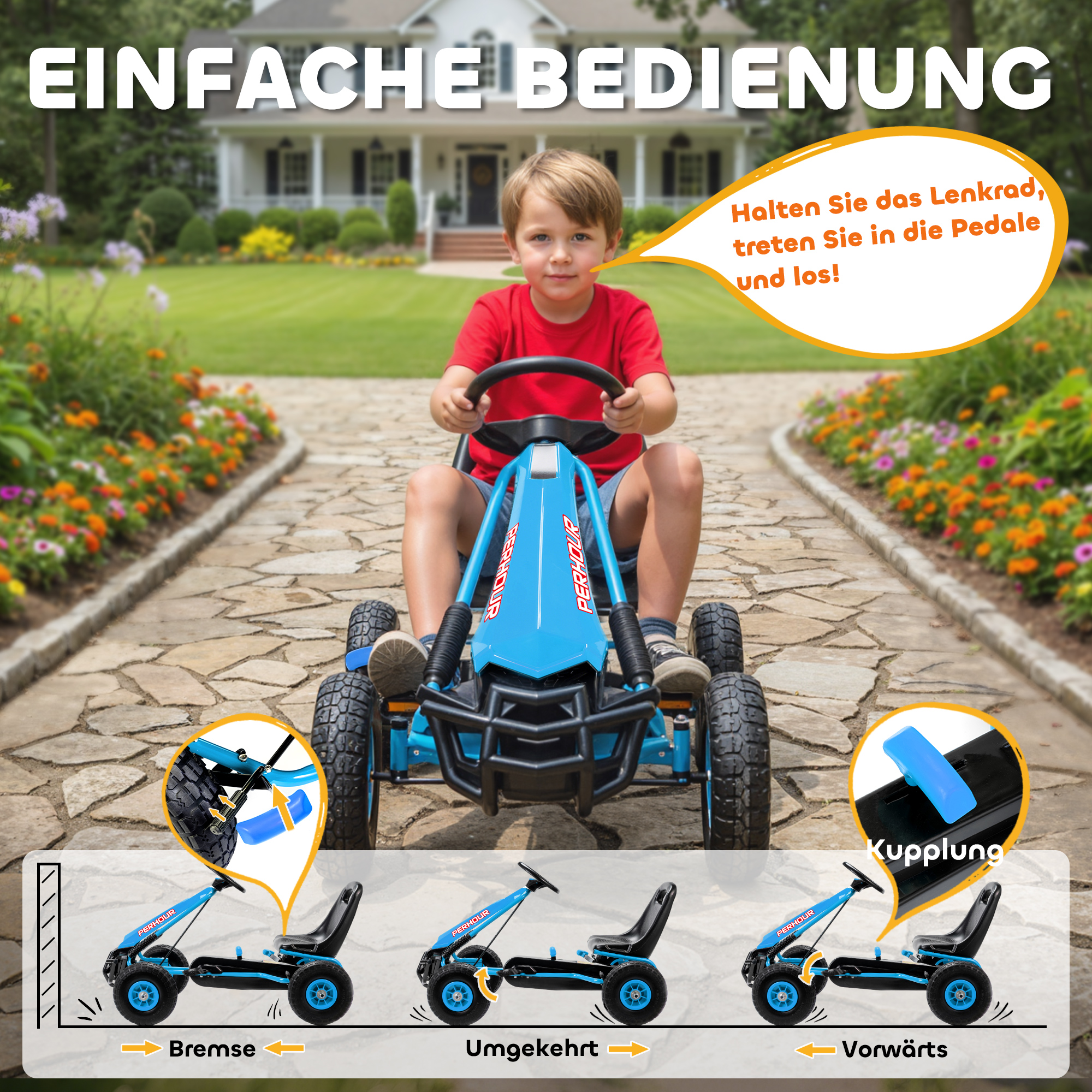 Pedal-Gokart für Kinder, höhenverstellbarer Sitz, EVA-Räder, Bremse, Kupplung, 3-8 Jahre, Blau