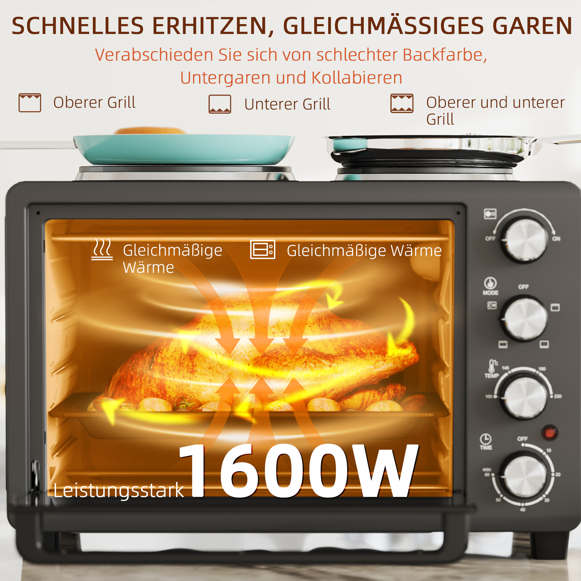 28 L Toasterofen, Kompakter Backofen zum Kochen und Grillen, Elektro-Ofen mit Backblech, Grillrost, 2600W, Schwarz