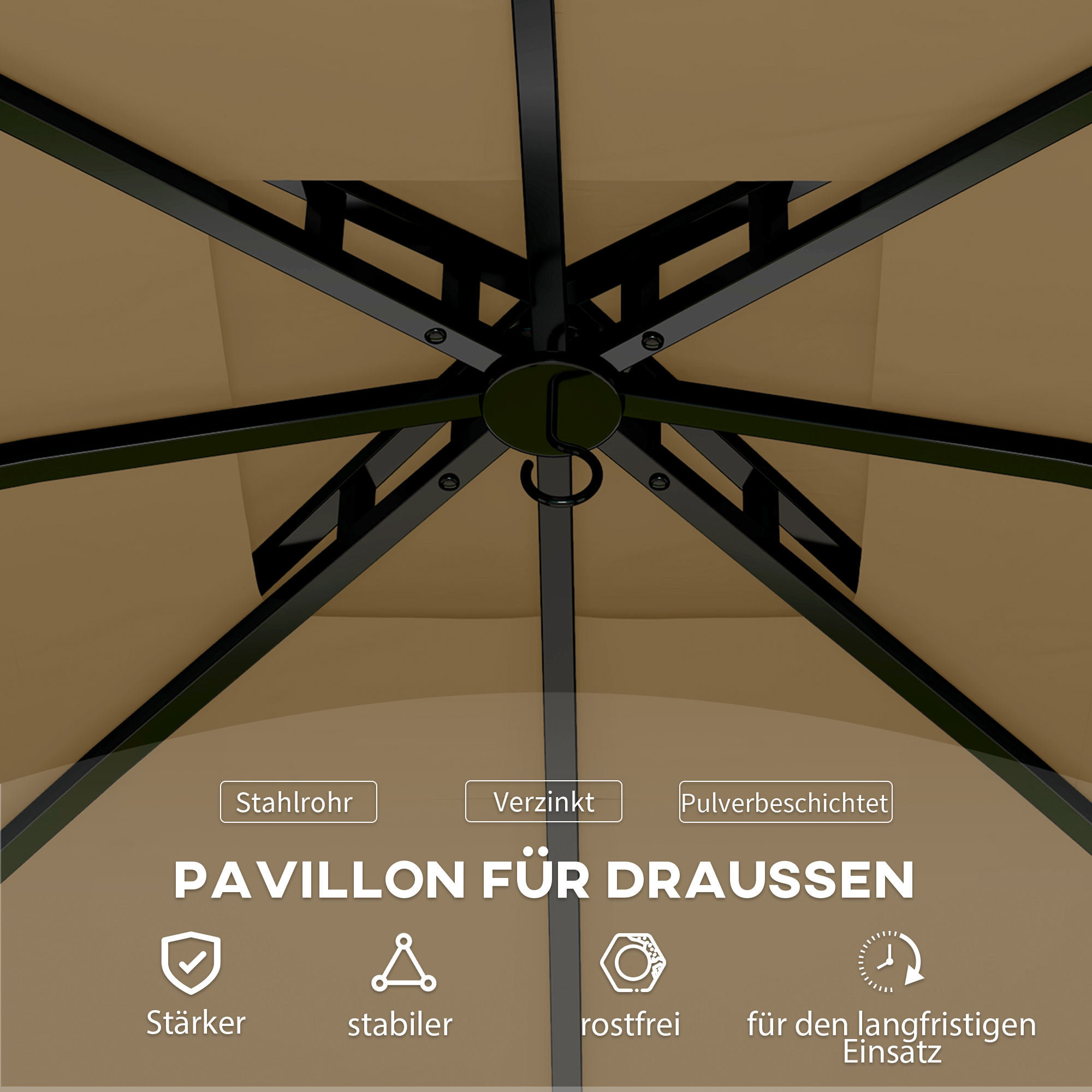 3,4 x 3,4 m Gartenpavillon, Bierzelt mit Lüftungsdach, Bogenfenstern, Stahlgestell, Beige