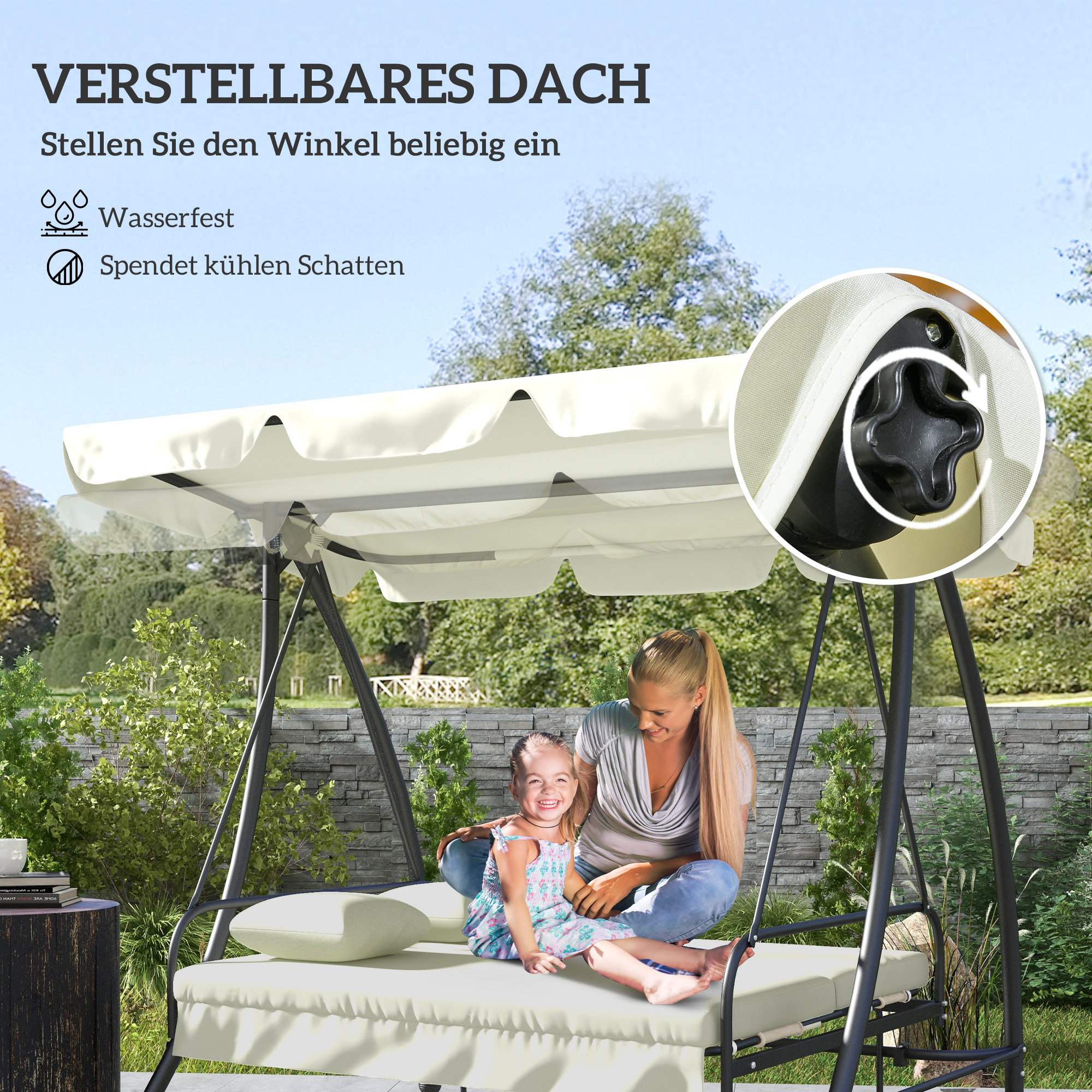 Hollywoodschaukel, Schaukelbank mit Liege-Funktion, 3 Sitzer, Metall+Polyester, 200 x 125 x 170 cm, Weiß