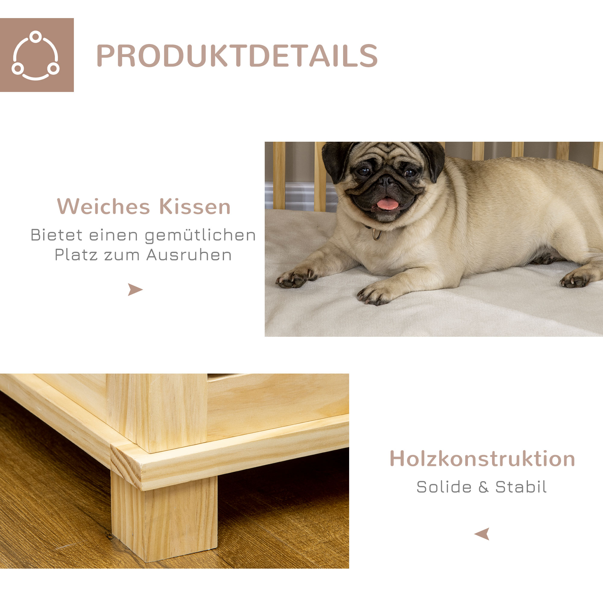 Hundekäfig inkl, Verrieglung und Polster, 82,5 cm x 57 cm x 72 cm, Naturholz + Cremeweiß