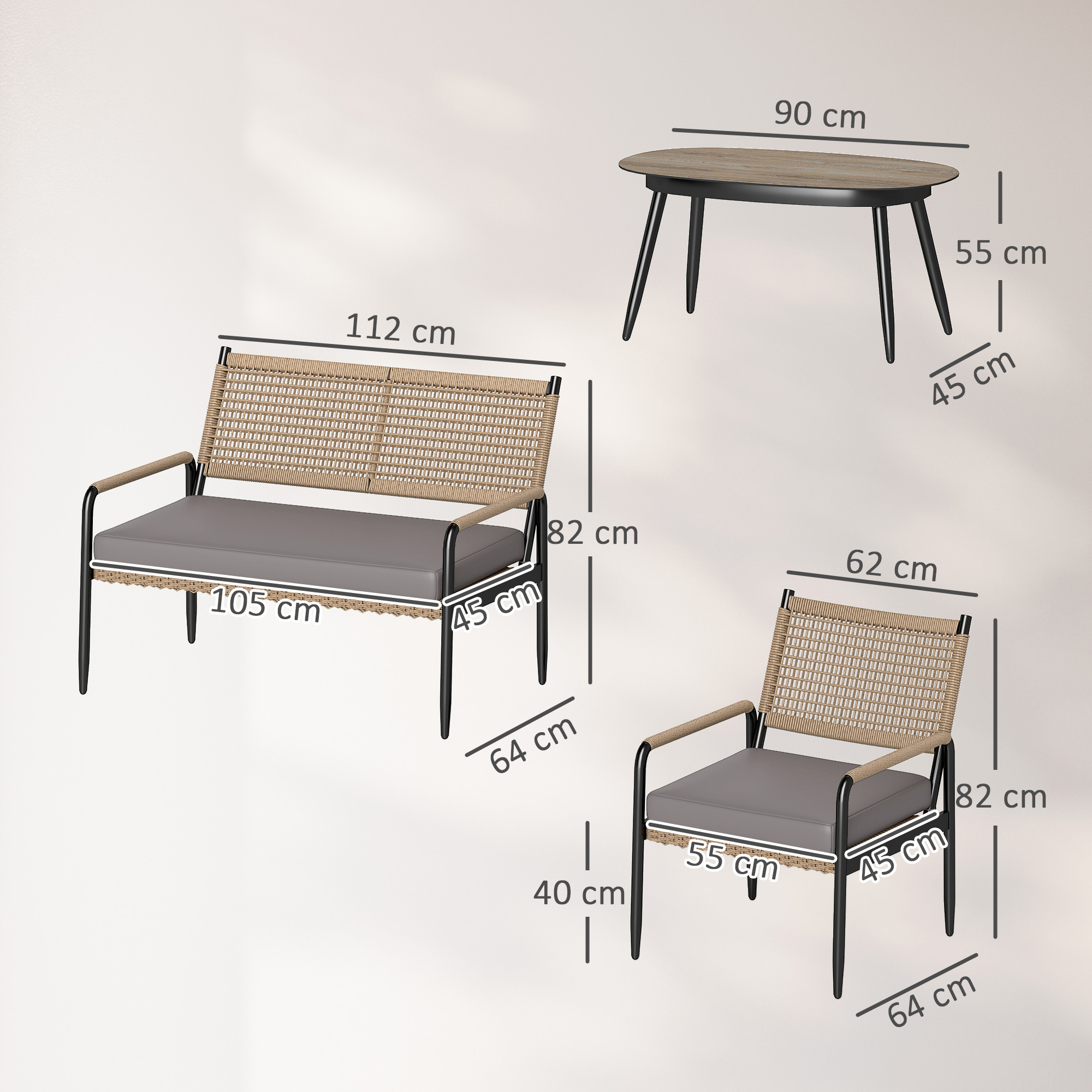 Gartenmöbel Set aus Polyrattan Lounge-Set mit 2er Sofa Sessel Glastisch Kissen für 4 Personen Dunkelgrau+Gelb